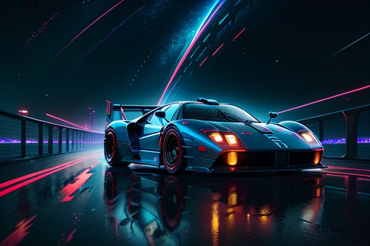 hot wheels toy with a futuristic theme background that looks natural and not edited, centered in the image, Hot WheelsPagani Zonda, retrowave. bridge road, Red neon lights, (masterpiece,detailed,highres),
