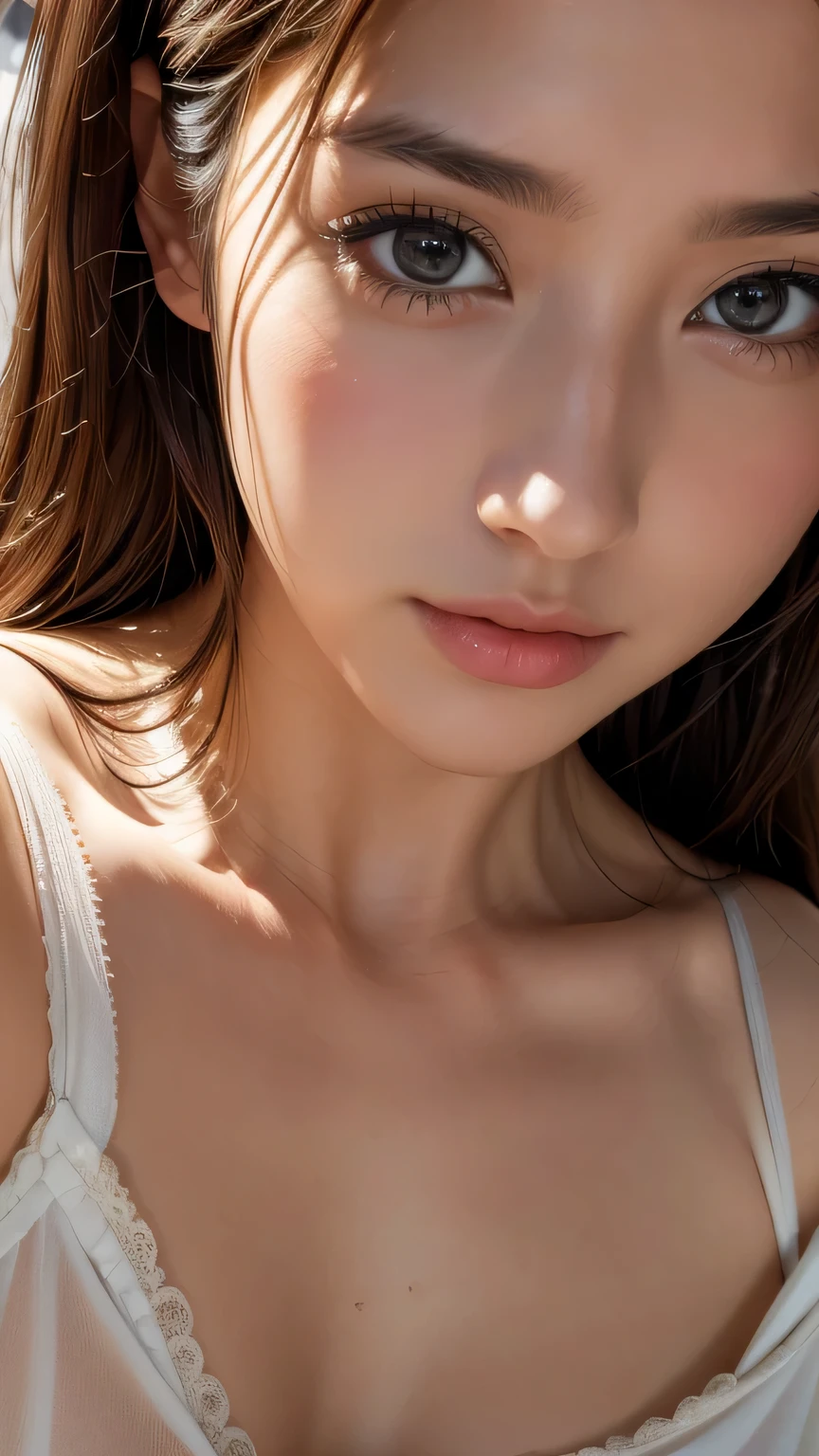 (Ultra-realistic), (figure), (High resolution), (8k), (Very detailed), (Best figure), (Beautiful fine details), (最high quality), (Very detailed), (masterpiece), (wallpaper), (Detailed face), alone, (Dynamic pose), Girls in their 20s, White wavy hair on the bed, Japanese, Black eyes, ((Very thin, A small, short nightdress or camisole)), big breasts, Long legs, Best feet, masterpiece, 最high quality, high quality, High resolution, (((Face close-up)))