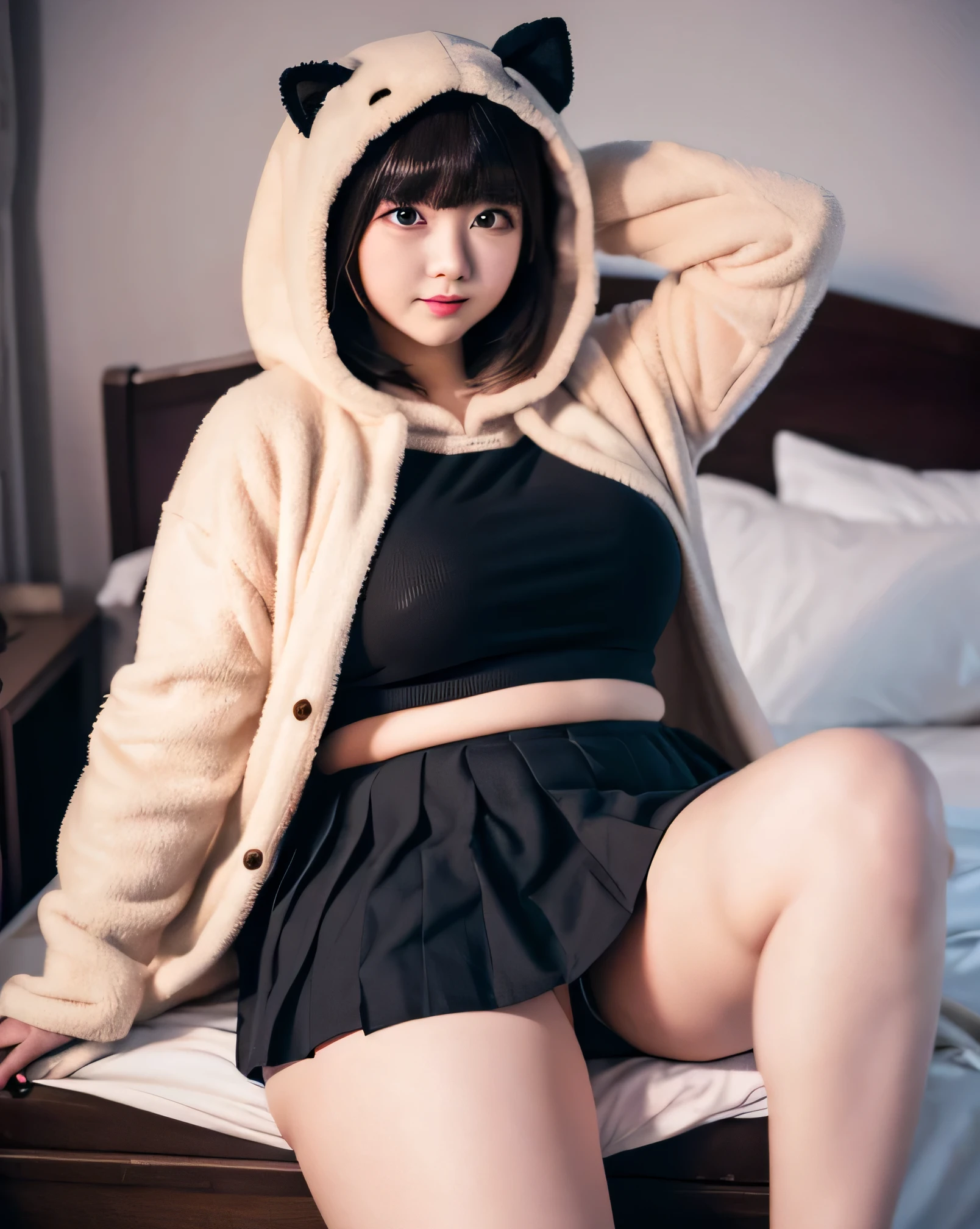 1 female, Overweight, extremely fat, Chubby, kigurumi, mini skirt, panty_shot, Leg spread, Japanese, 4K, High resolution, masterpiece, highest quality, fine skin, sharp focus, (cinematic lighting)