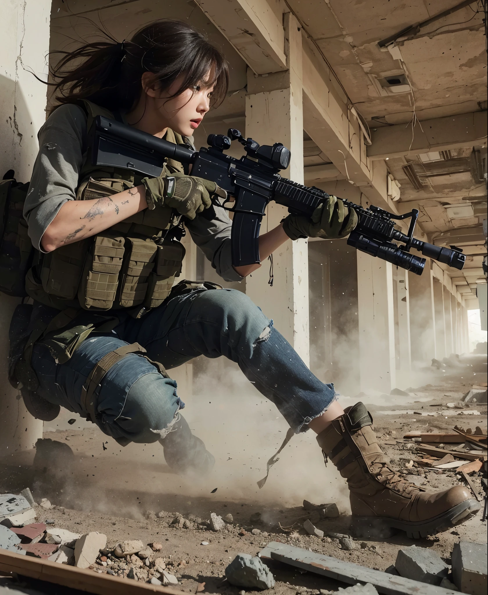 (best quality, 8K, realistic photo:1.2), realistic skin texture, beautiful Japanese woman belonging to the US military, amidst a building strewn with debris, under attack, trying to escape while fighting back, crumbling walls, assault rifle, bulletproof vest, backpack, boots, covered in wounds, determined expression, dynamic pose, innovative composition, dust in the air