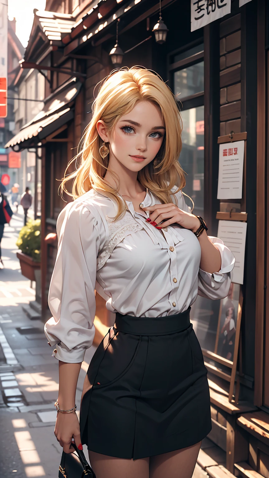 ((最high quality, 8K, masterpiece: 1.3, Ultra HD, high quality, 最high quality, High resolution, realism)) 、25-year-old Caucasian female、Platinum Blonde、blue eyes、long hair、、Hair above one eye、、smile、slender、slenderでありながらアスリートのような細マッチョの身体、I want my head to stay off screen、Wear accessories on your wrist、Wearing red nail polish、I have a peticure、Smock Blouse((smock blouse))Wear、straight skirt((straight skirt))Wear、Wear high heels、I&#39;m in the intricate passageways of the old town.、There is a masonry wall covered with ivy