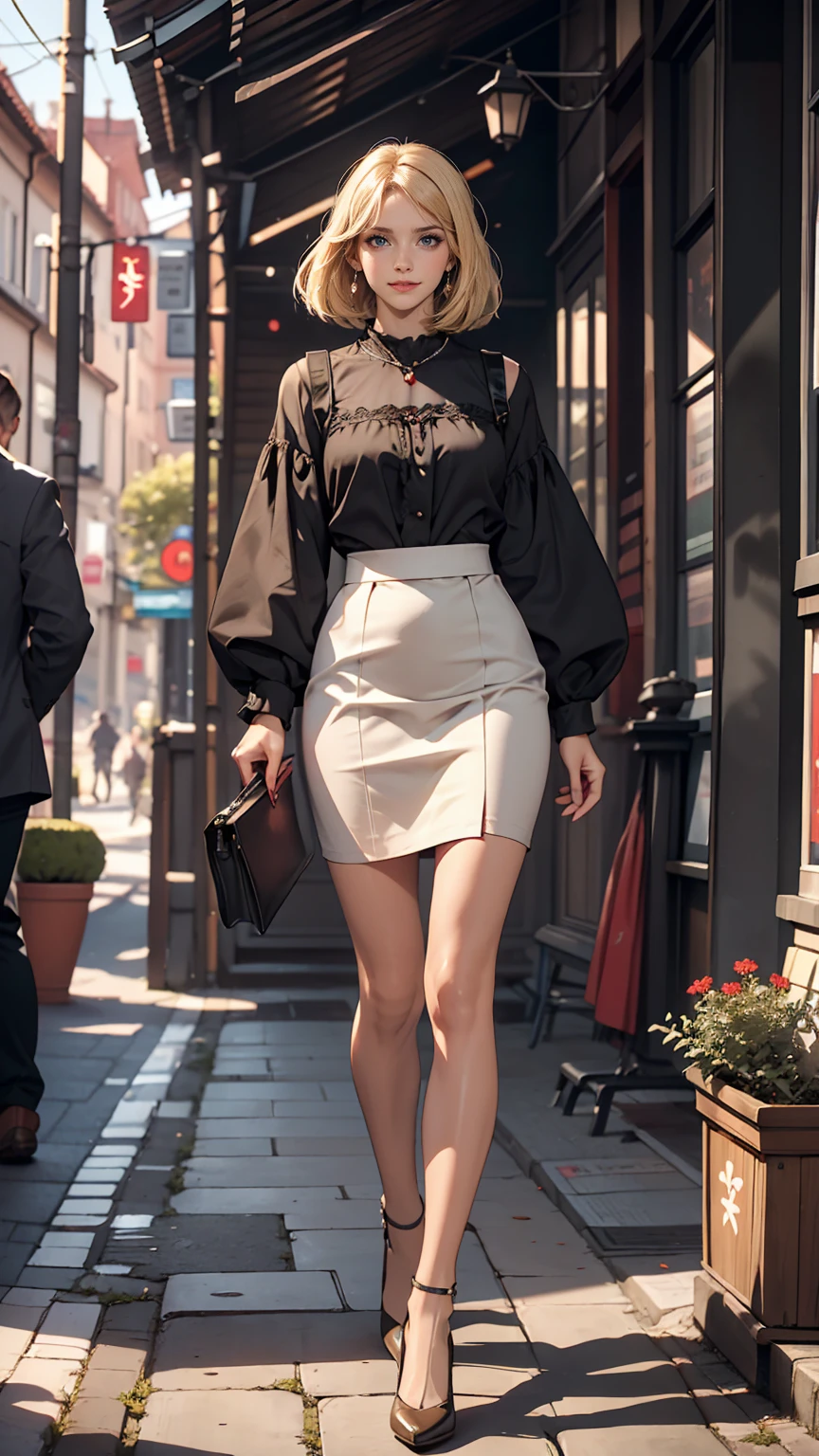 ((最high quality, 8K, masterpiece: 1.3, Ultra HD, high quality, 最high quality, High resolution, realism)) 、25-year-old Caucasian female、Platinum Blonde、blue eyes、long hair、、Hair above one eye、、smile、slender、slenderでありながらアスリートのような細マッチョの身体、I want my head to stay off screen、Wear accessories on your wrist、Wearing red nail polish、I have a peticure、Smock Blouse((smock blouse))Wear、straight skirt((straight skirt))Wear、Wear high heels、I'm in the intricate passageways of the old town.、There is a masonry wall covered with ivy