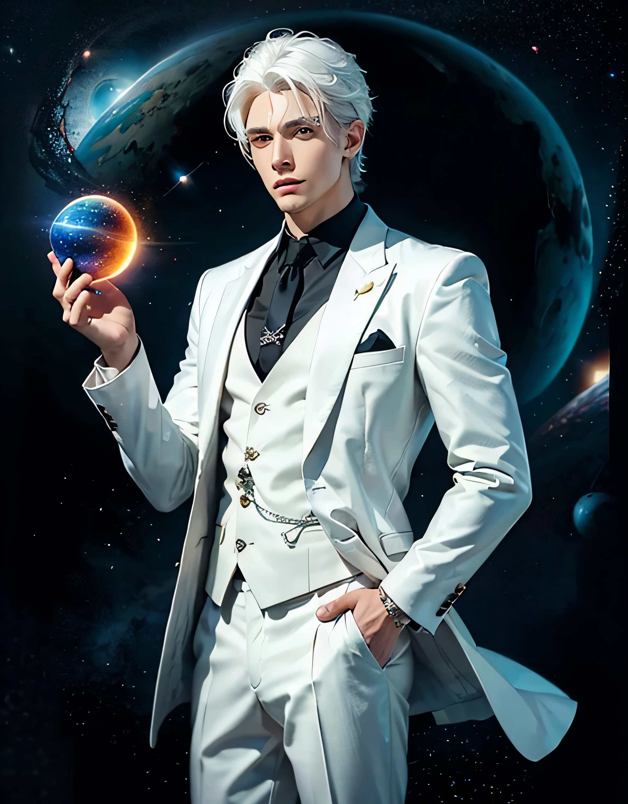a handsome guy with the power of a god, with white hair, elegant suit, holding a planet in his left hand, holding a galaxy in his right hand