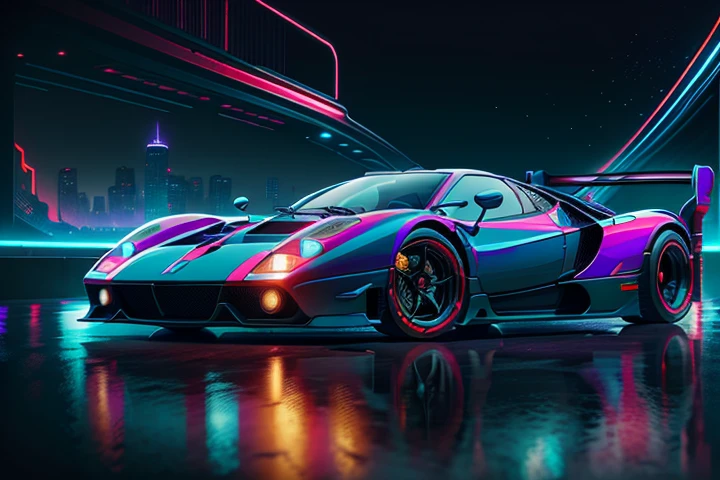 hot wheels toy with a futuristic theme background that looks natural and not edited, centered in the image, Hot WheelsPagani Zonda, retrowave. bridge road, Red neon lights, (masterpiece,detailed,highres), Pagani Logo, Pagani Teks