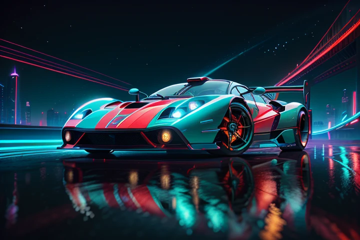 hot wheels toy with a futuristic theme background that looks natural and not edited, centered in the image, Hot WheelsPagani Zonda, retrowave. bridge road, Red neon lights, (masterpiece,detailed,highres), Pagani Logo, Pagani Teks