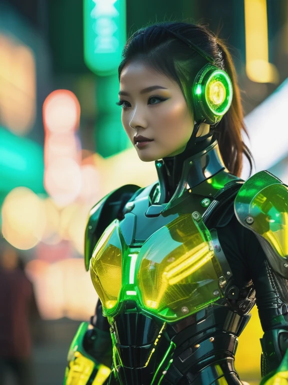 cinematic photo breathtaking Masterpiece, maximum fidelity, ultra high detail, ultra HD, Panavision Millennium DXL2 8k photograph of a ((erotic non-nude neonpunk transparent glass combat armor led lit,man robot, green black yellow)), transparent, led lit, glass bra cyberpunk neonpunk, . 35mm photograph, film, bokeh, professional, 4k, highly detailed, WOWEARN Logo 