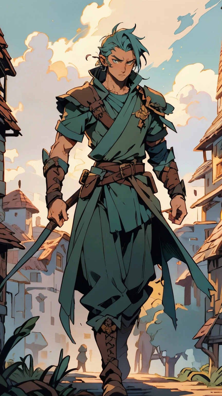 A young man with messy sky-blue short hair, a headband tied around his forehead, handsome face, calm expression, ((a fantasy-style short-sleeved robe coat with a unique half-side design, a green undershirt underneath)), an archer's wrist guard, a cloth belt, coarse cloth trousers, leather boots, overlooking the city from above, this character embodies a finely crafted fantasy-style archer in anime style, exquisite and mature manga art style, high definition, best quality, highres, ultra-detailed, ultra-fine painting, extremely delicate, professional, perfect body proportions, golden ratio, anatomically correct, symmetrical face, extremely detailed eyes and face, high quality eyes, creativity, RAW photo, UHD, 32k, Natural light, cinematic lighting, masterpiece-anatomy-perfect, masterpiece:1.5