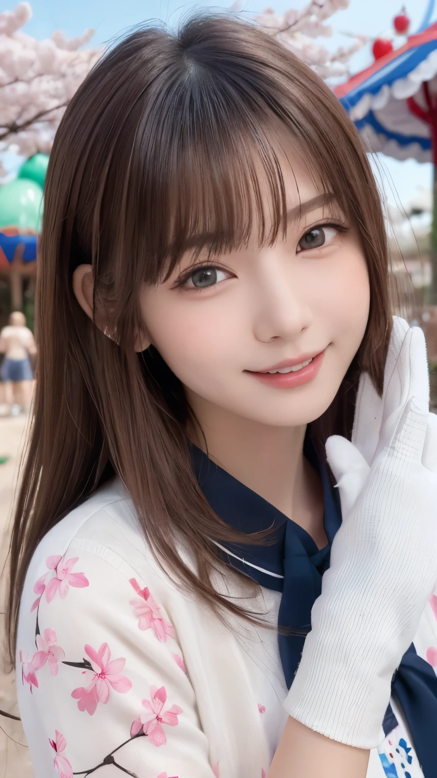 one girl, (a beauty girl, delicate girl:1.3), (************:1.3),
break, (spring, Colorful clothes:1.3),
break, (amusement park:1.3), (Cherry blossoms fall:1.3), (wool gloves), perfectly trimmed fingers,
break, Extremely fine resolution, (Symmetrical eyes:1.3),
break, Small breasts, Brown eyes, parted bangs, brown hair,  girl,
break, (Eye and facial details:1.0), (Get closer to the face, Make your face bigger, Face Focus:1.0),Face close-up,
break, (masterpiece, highest quality, Very detailed, Detailed face, 8k),SakuraFubuki,Cherry blossom petals,smile,Random Pause、blue eyes、white gloves,ponytail、SakuraFubuki、gloves、break,look back,smile、closeup shot , (masterpiece、highest quality、Official Art:1.2)、(colorful)、Seeing the viewer、1 girl、Portraiture、alone、Colorful floating objects 、peekaboo、touching hair、balloon、amusement park、festival、White dress、Hurrah!、bye bye、Random sexy poses