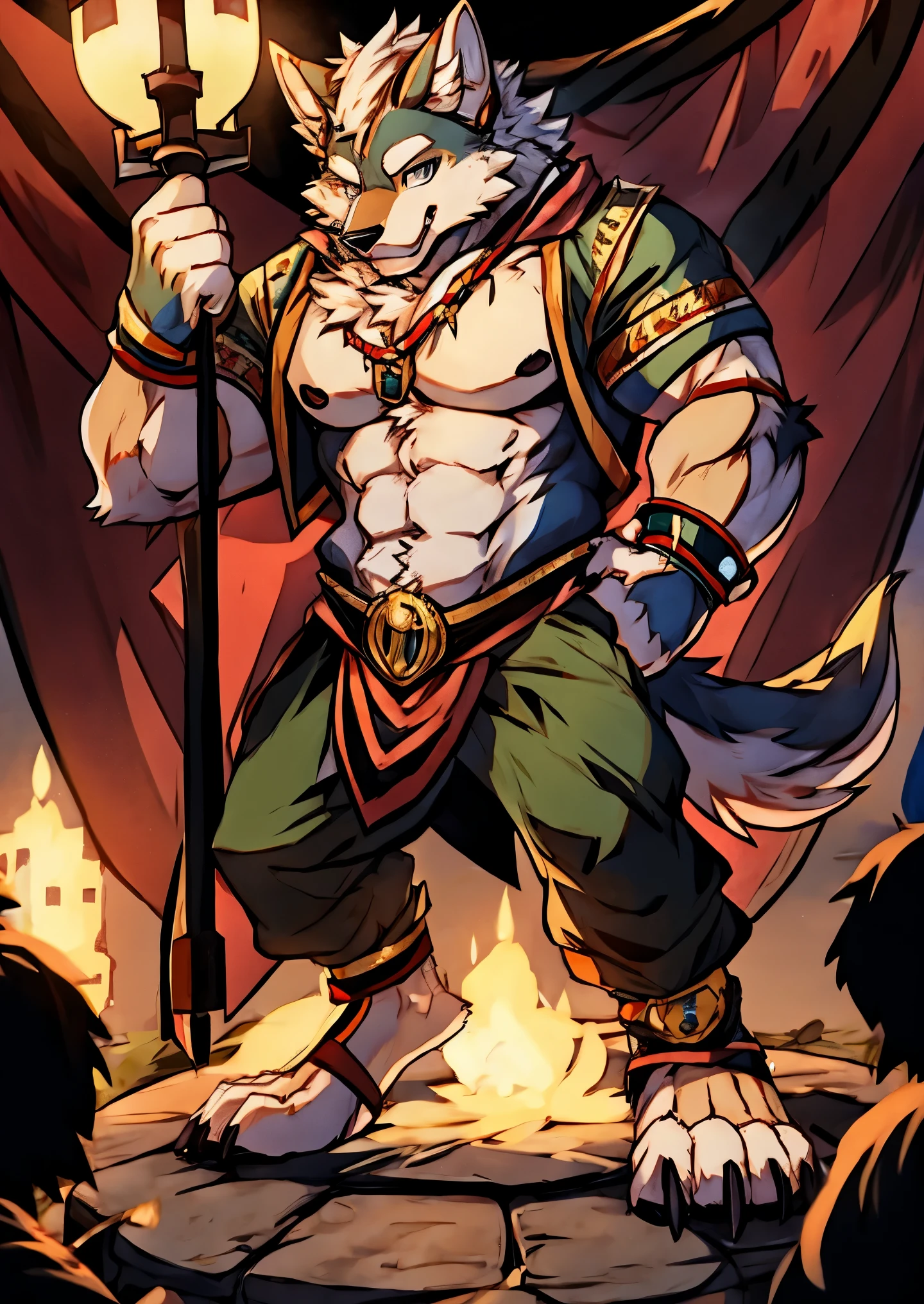 Human-wolf,musculous,Hairy all over,clawed paws,erect through