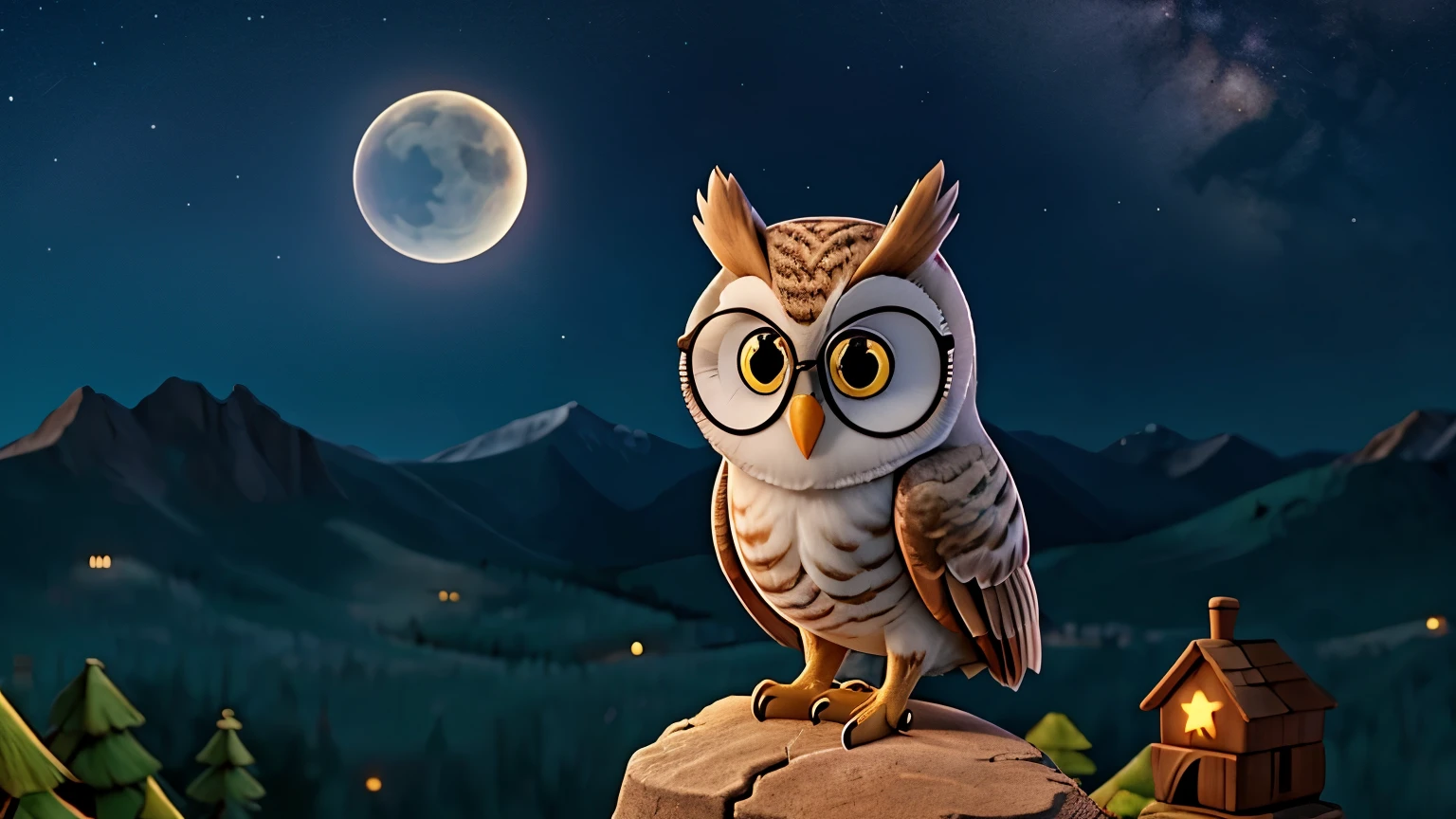 An owl wearing glasses watching the stars in the sky on top of a high mountain overlooking the sky in the forest