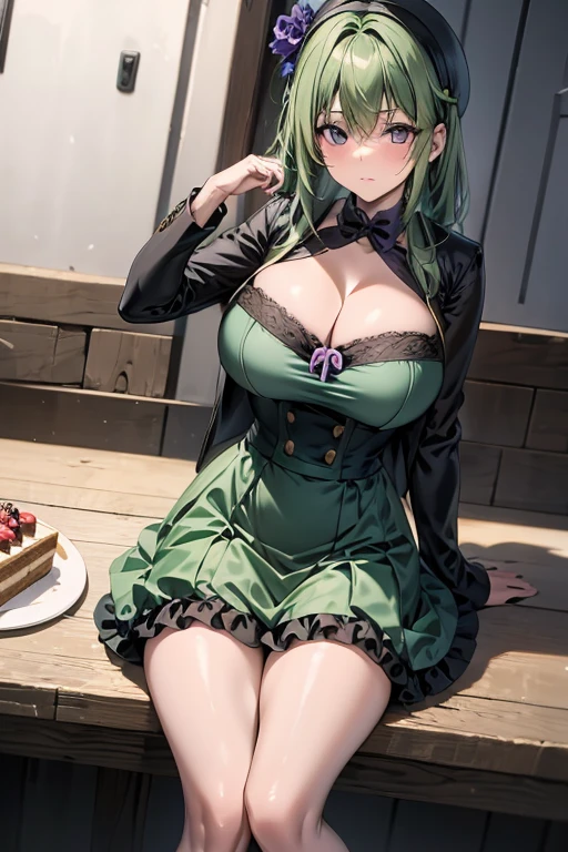 A green haired girl with purple eyes and an hourglass figure in a green ta dress is eating a cake
