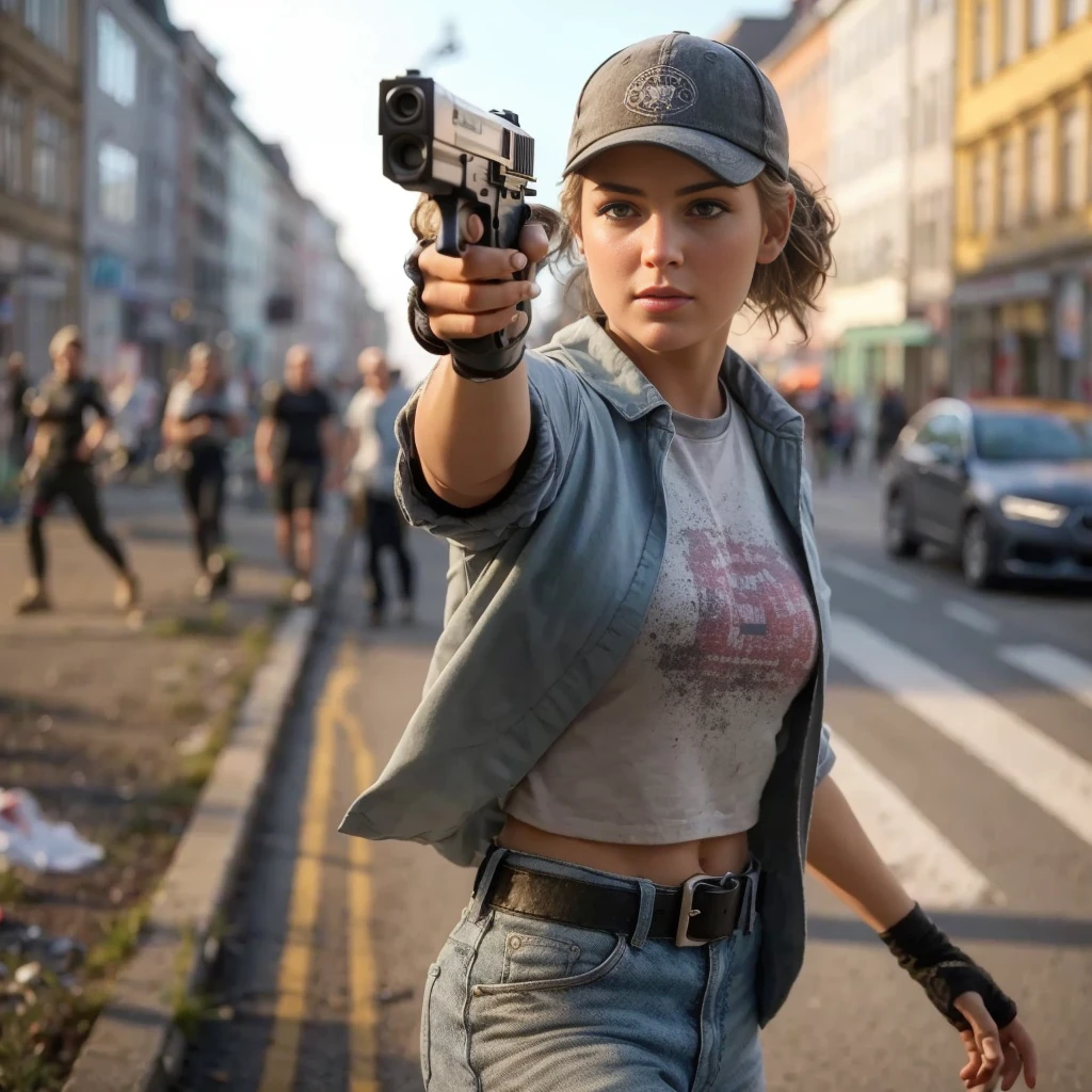 Masterpiece, a Danish 24 years old girl in a Copenhagen city street moving cautiously, beautiful face, taking cover, wearing a very short crop top, navel, shoulders, , baseball cap, holding a Wesson M442 compact revolver in her right hand, aiming with the gun, sunny weather, chaotic city scene, street is in chaos , there is a woman holding a gun in a street, 2020 video game screenshot, female lead character, cinematic highly detailed, highly detailed cinematic, ps5 cinematic screen capture, detailed cinematic render, created in unreal engine 5, cinematic detailed, kate bishop, cinematic full character, 8 k uhd poser, riot in a cyberpunk city, realistic cinematic shot, 16K, ultra high res.photorealistic, UHD, RAW, natural light