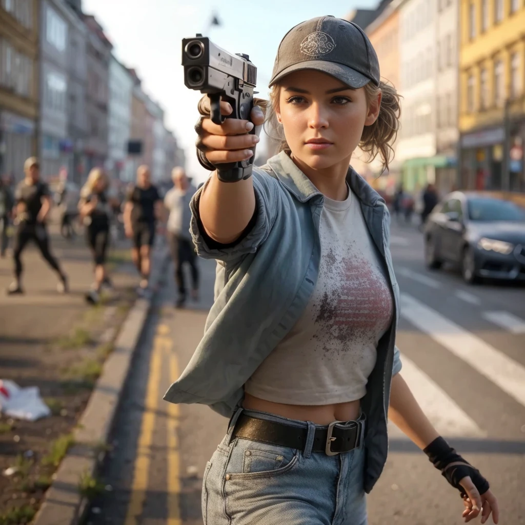 Masterpiece, a Danish 24 years old girl in a Copenhagen city street moving cautiously, beautiful face, taking cover, wearing a very short crop top, navel, shoulders, , baseball cap, holding a Wesson M442 compact revolver in her right hand, aiming with the gun, sunny weather, chaotic city scene, street is in chaos , there is a woman holding a gun in a street, 2020 video game screenshot, female lead character, cinematic highly detailed, highly detailed cinematic, ps5 cinematic screen capture, detailed cinematic render, created in unreal engine 5, cinematic detailed, kate bishop, cinematic full character, 8 k uhd poser, riot in a cyberpunk city, realistic cinematic shot, 16K, ultra high res.photorealistic, UHD, RAW, natural light