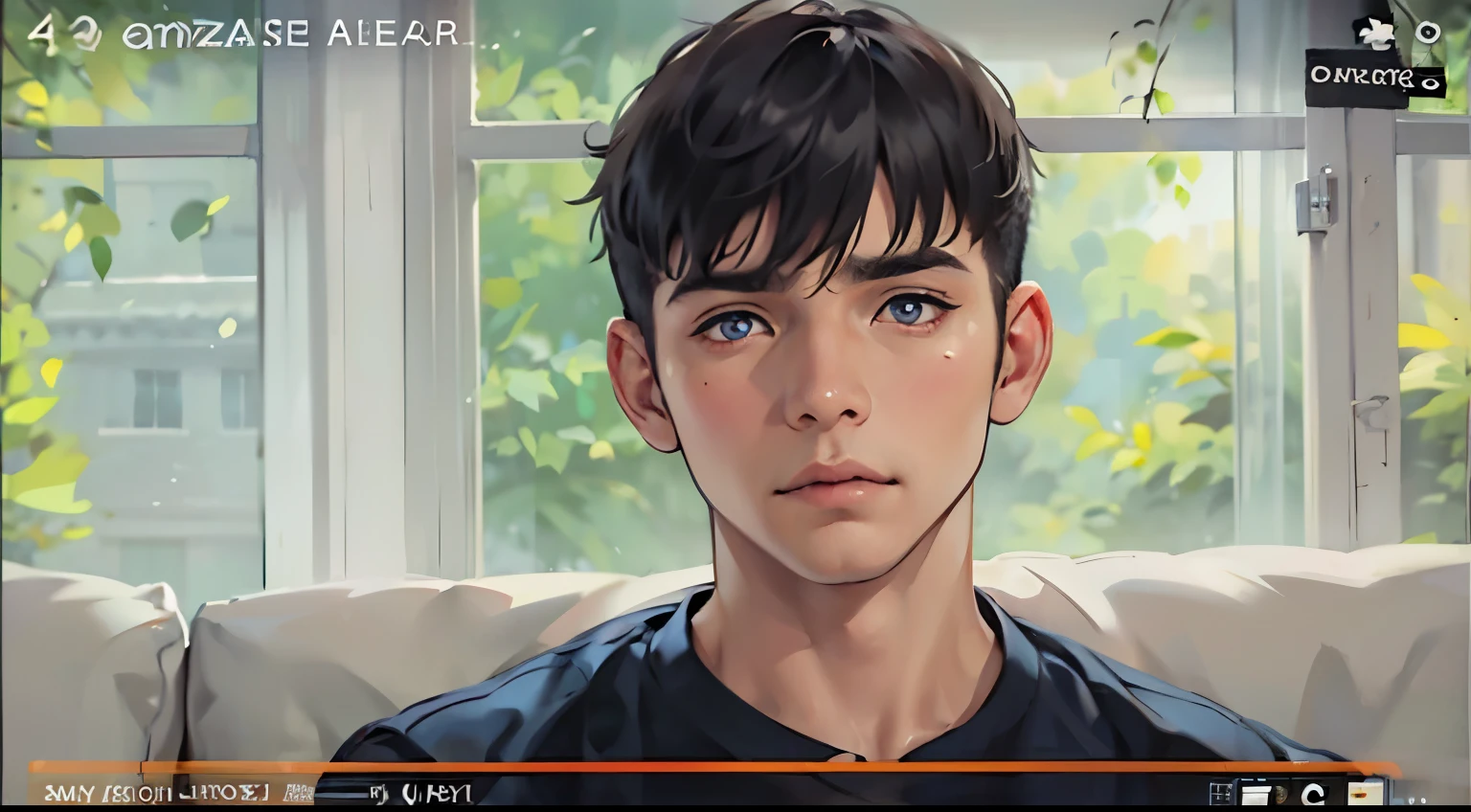 lindo chico de ojos azles cabello gris esta hablando triste