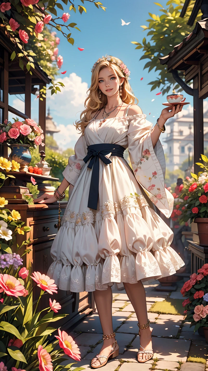 ((最high quality, 8K, masterpiece: 1.3, Ultra HD, high quality, 最high quality, High resolution, realism)) 、25-year-old Caucasian female、Platinum Blonde、blue eyes、long hair、smile、Slim body、I want my head to stay off screen、手首にアクセサリーapply、Wearing red nail polish、I have a peticure、anklet((anklet))apply、Wear a dress、put on a necklace、I'm in an English garden with colorful flowers blooming.、There is an arch made of flowers、Enjoy tea time in the garden、Beautiful blue sky without a single cloud、花の髪飾りをapply