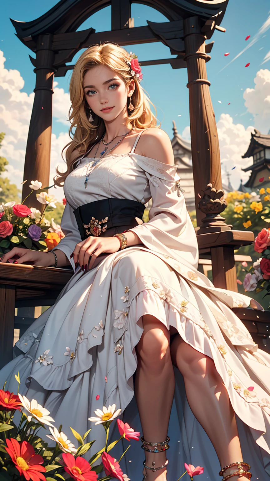 ((最high quality, 8K, masterpiece: 1.3, Ultra HD, high quality, 最high quality, High resolution, realism)) 、25-year-old Caucasian female、Platinum Blonde、blue eyes、long hair、smile、Slim body、I want my head to stay off screen、手首にアクセサリーapply、Wearing red nail polish、I have a peticure、anklet((anklet))apply、Wear a dress、put on a necklace、I'm in an English garden with colorful flowers blooming.、There is an arch made of flowers、Enjoy tea time in the garden、Beautiful blue sky without a single cloud、花の髪飾りをapply