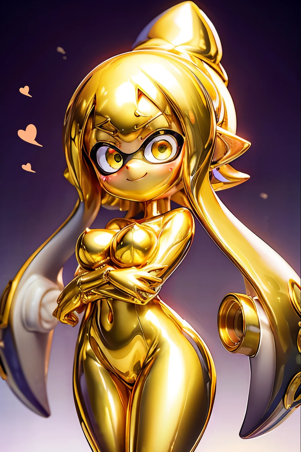 Splatoon Girl、Golden Armor、golden armor、Golden leotard、(Armored Leotard:1.2), corset, gigantic breast, breastplate, Golden tentacle hair、lips,  Golden Eyes, shining eyes、Watching the audience、big and cute eyes、highest quality、blush、cheek、Lipstick、Embarrassed smile、Good luck golden background、Futuristic Golden Background、