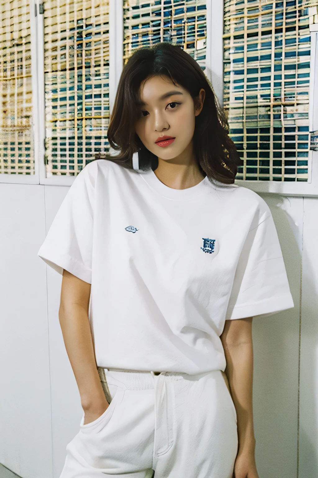 girl, arafed woman in a white shirt, wearing white pant, outlive streetwear collection, trending on r/streetwear, official product photo, mid shot portrait, white shirt, ( ( white, productphoto, high resolution product photo, product photo, , official product image, white clothing, high quality product photo, full product shot, detailed eye, detailed face, look at viewer,