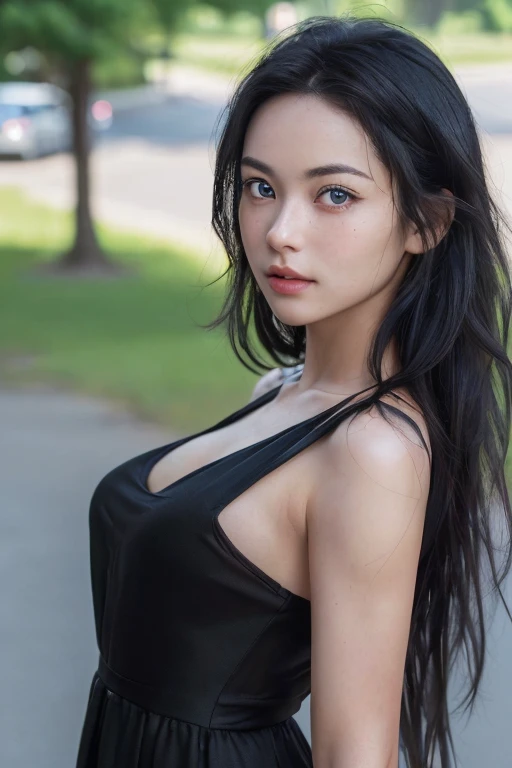 (8k, RAW Photos, highest quality, masterpiece:1.3),(Realistic, photo-Realistic:1.37),Realistic skin texture,(photoRealistic:1.3),(hyperRealistic:1.2),
1 cute girl,alone,( Beautiful Eyes:1.2),Perfect Face,Are standing,Black Hair,Long Hair,Outdoor,Black Dress