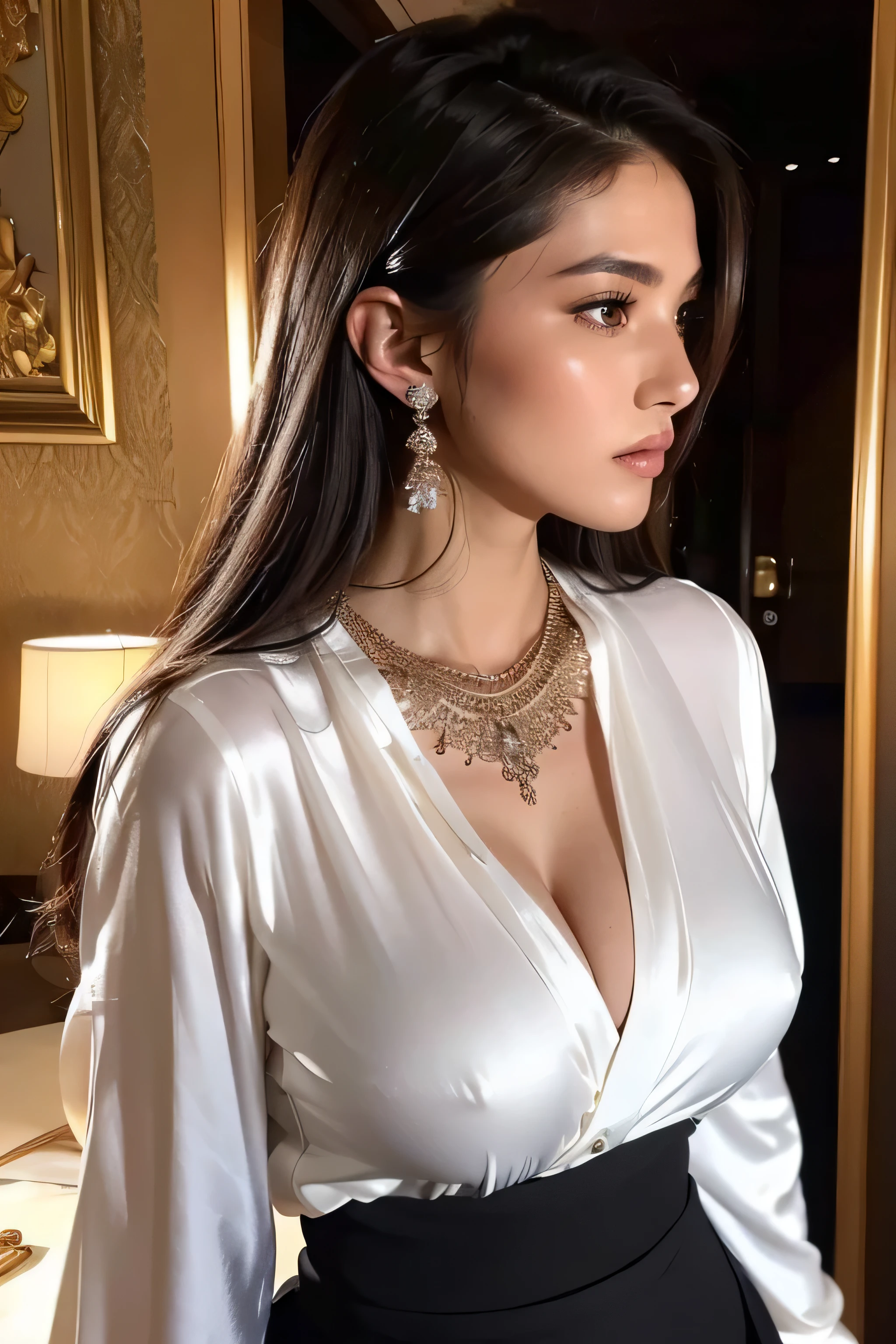 Arafe woman wearing sari and necklace, complex set, Bejeweled, Wearing complicated clothes, Exquisite Jewelry, with Intricate details, Elaborate costumes, Wearing elegant jewelry, Intricate details. from the front, Black Jewelry, Jewelry made with attention to detail, high Intricate details, Hand Jewelry Model Photos, Close-up portrait, Complex beauty, Exquisite Jewelry, side view Intricate details, masterpiece, 最high quality, high quality, High resolution, Beautiful Face、(Realistic Face)、Realistic eyes、beautiful detailed eyes、Realistic Skin、Beautiful Skin、Ultra-realistic、Very detailed、Beautiful lighting、Sharp focus、Various poses、超Detailed face、fine aiole hair、brown hair、Long Hair、Beautiful hairstyle、Detailed face、Exposed breasts、Cleavage、(Big Breasts)、((Face close-up))、Incredibly stupid, It seems ridiculous.,((Office Lady,Black Office Blazer,luxurious silk blouse,Office Skirt:1.3)), (inside private jet, indoor, hyper detailed background:1.6)),((standing gracefully:1.6))