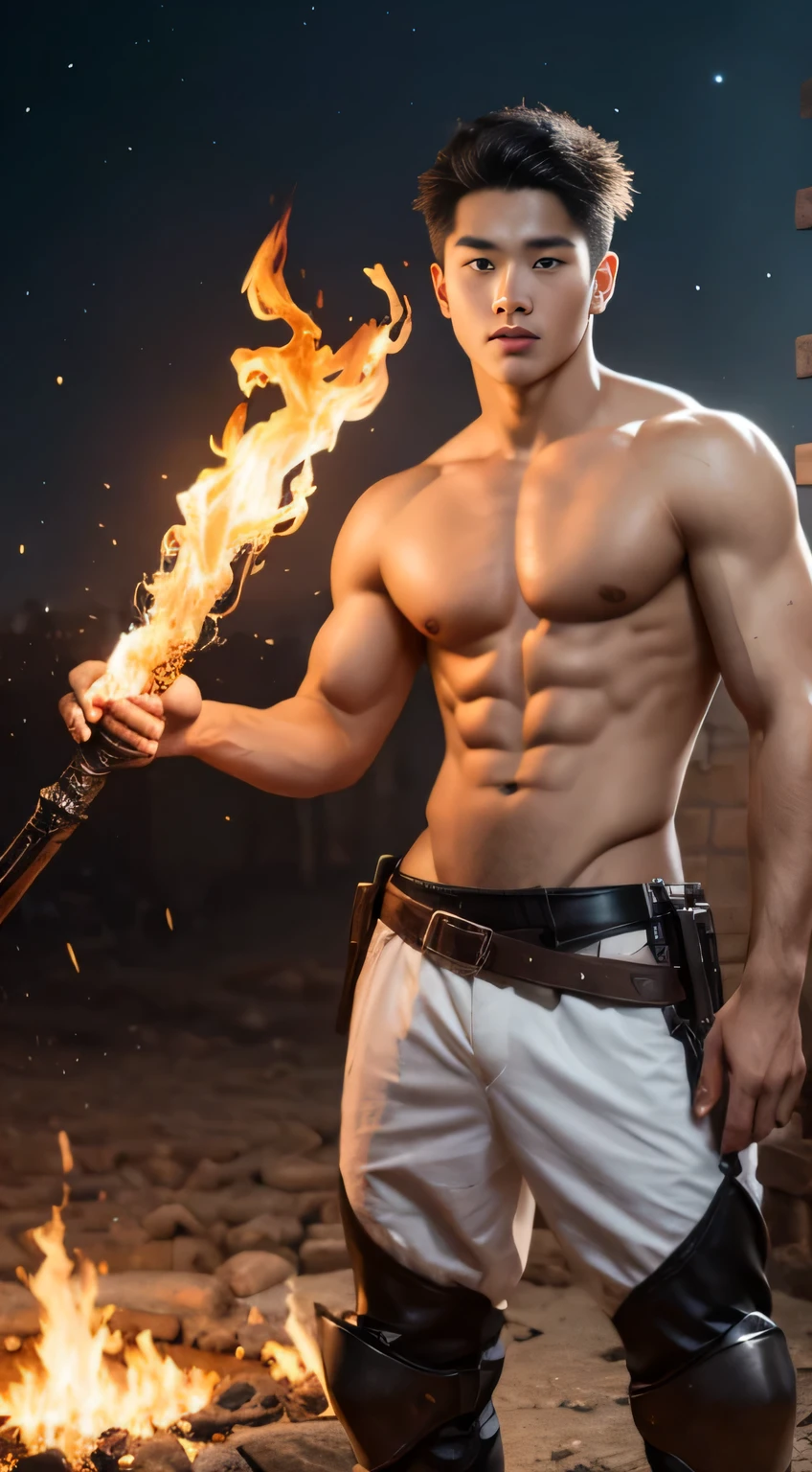 A asian boy like Mighty Archangel Michael,19 years old, handsome, Full Body Shoot, Short Quiff hairstyle, (eyes contact), look at camera, detailed facial parts, Manly, with a muscular constitution :: high detail, is in battle armor, flaming blue sword of golden pearls, a flaming sacred aura radiating from his body, without wings, moon background, surreal, fantasy, magical, intricate details, (dynamic upper body posture: 1.1), depth of field. Best quality, masterpiece, ultra high resolution, (anime realism, photorealistic: 1.4), perfect composition, centered, symmetry