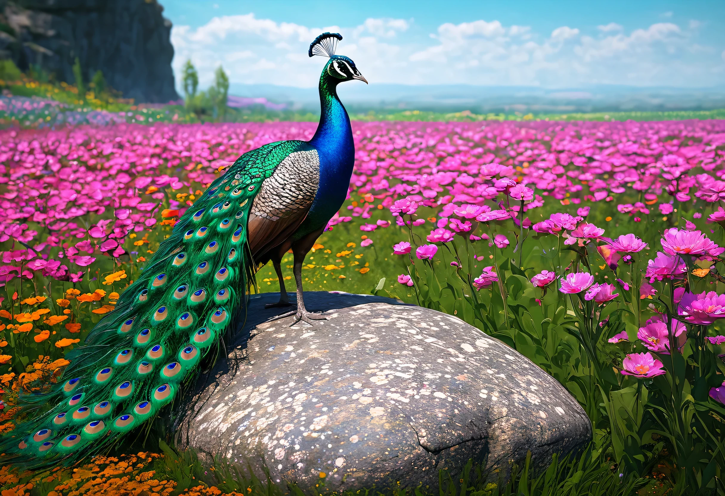 A peacock standing on a rock in a flower field, Digital art by Alexander Kucharski, cgsociety contest winner, Fantasy art, Beautiful digital artwork, 4k Highly detailed digital art, 8k high quality detailed art, Highly detailed digital art, Highly detailed digital artwork, Highly detailed digital painting, Beautiful art UHD 4K, Beautiful digital art