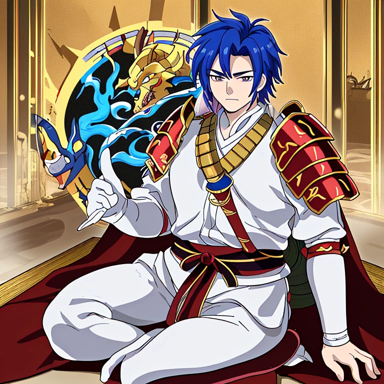 Look like 20yr human man but is can turn into a Samurai Dragon (https://www.dragon-mania-legends.wiki/wiki/Samurai_Dragon), gender is male, his Hair color is Royal Blue, his Eye Color is brown gold, covered in a lavish set of lamellar armour. Rich tones of gold, deep red, and creamy white are used to create a suit worthy of a traditional Samurai warrior, without his helmet, he has sworn an oath to protect his Emperor (https://www.dragon-mania-legends.wiki/wiki/Emperor_Dragon). Everyone finds its loyalty an endearing quality... up until it tries to defend his Emperor from bath time,