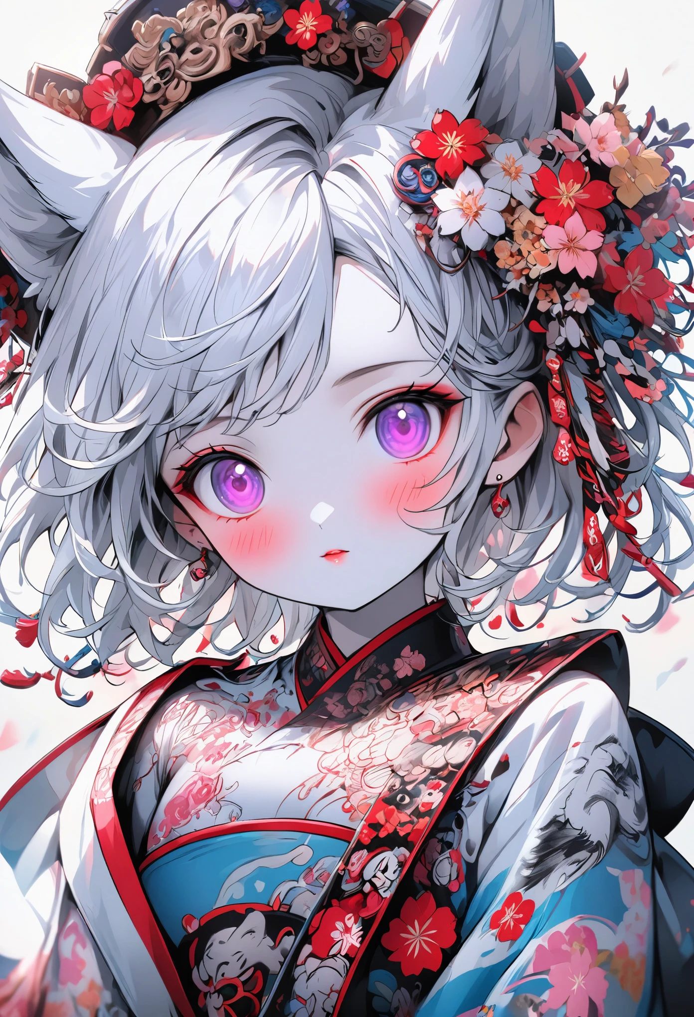 Create digital artworks in the pop art style、ディテールが施されたFox Earsの女の子が特徴です、1 girl、Medium chest、Starry Eyes、blush、Individuality、(1 girl: 1.4)、Gray Hair、Fox Ears、Purple eyes、Perfect Face、Detailed face、Perfect body、Beautiful Eyes、Beautiful Face、(Light Skin: 1.4)、Idol、(whole body)、Priestess in Japan Clothes、Street fashion、Color scheme of the movie、Surrounded by vintage floral motifs、Vivid brushwork、Emotions must be dynamic、Upper Body、drawing、figure、grayscale、tropical、a lot of cherry blossom、