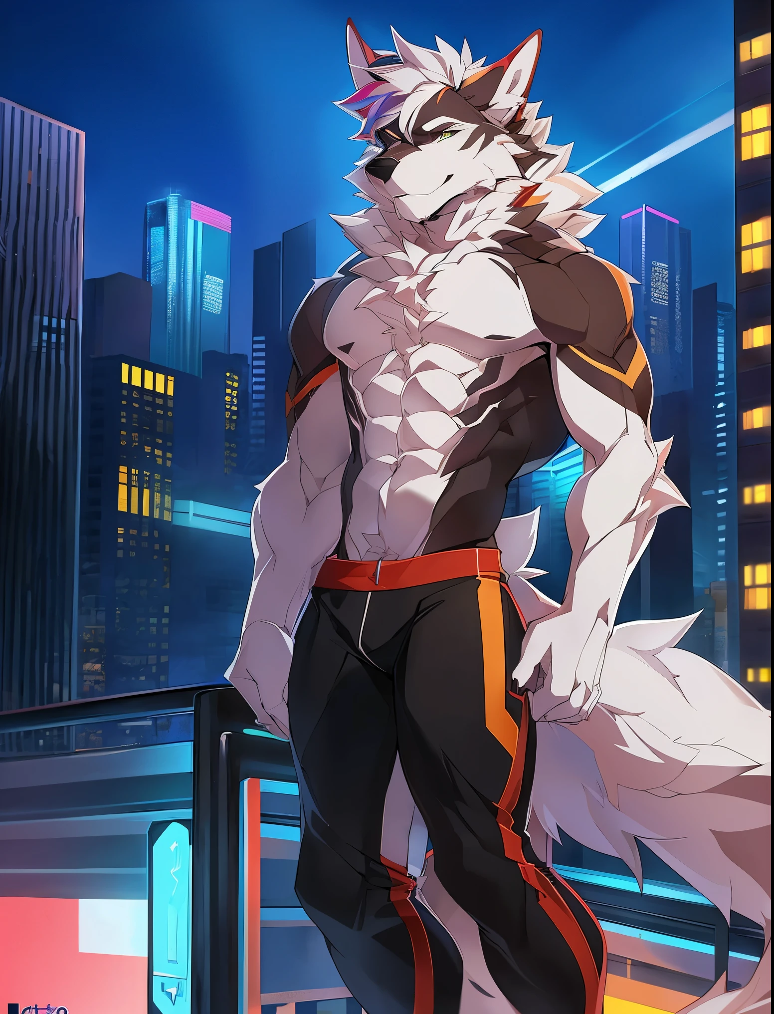 ((Solo)), male people, anthro wolf, (Multi-colored fur, White tail pointed), (Height 3meters,Tail length 2meters), Abs, pinginuscular, A long big tail, by patto, modern city