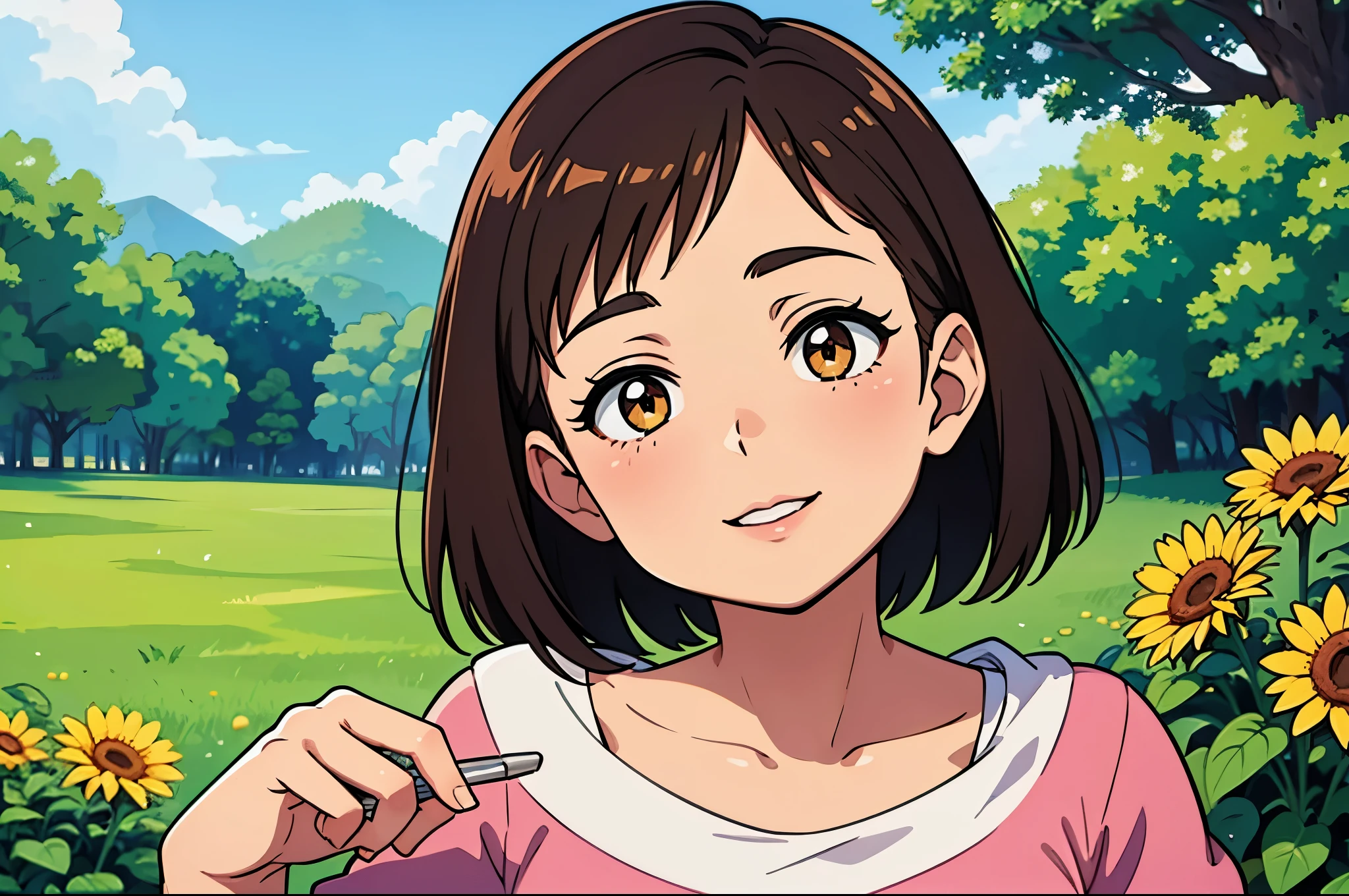 (high quality,realistic),brown short-haired cute girl (realistic:1.1),soft skin,expressive eyes,rosy cheeks,playful smile (realistic:1.1),stylish outfit (fashionable clothes),relaxed pose,bright outdoor (sunny) setting,colorful flowers blooming in the background,natural lighting,wide green garden with tall trees and lush grass,gentle breeze,a butterfly fluttering around,peaceful and joyful atmosphere,realistic portraits (brush strokes:1.1)