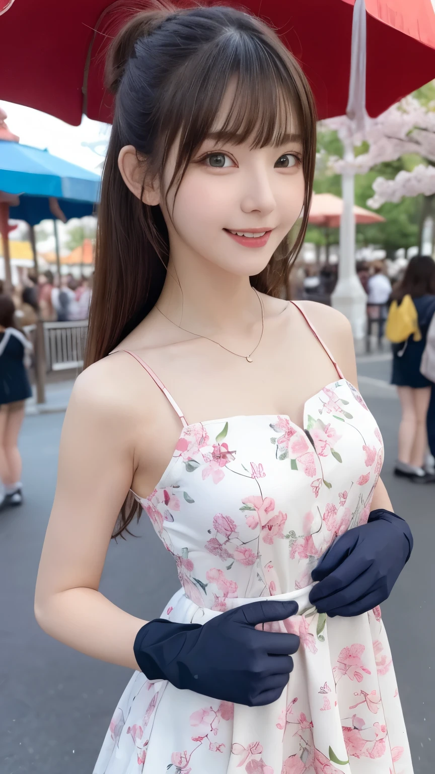 one girl, (a beauty girl, delicate girl:1.3), (14 years old:1.3),
break, (spring, Colorful clothes:1.3),
break, (amusement park:1.3), (Cherry blossoms fall:1.3), (wool gloves), perfectly trimmed fingers,
break, Extremely fine resolution, (Symmetrical eyes:1.3),
break, Small breasts, Brown eyes, parted bangs, brown hair,  girl,
break, (Eye and facial details:1.0), (Get closer to the face, Make your face bigger, Face Focus:1.0),Face close-up,
break, (masterpiece, highest quality, Very detailed, Detailed face, 8k),SakuraFubuki,Cherry blossom petals,smile,Random Pause、blue eyes、white gloves,ponytail、SakuraFubuki、gloves、break,look back,smile、closeup shot , (masterpiece、highest quality、Official Art:1.2)、(colorful)、Seeing the viewer、1 girl、Portraiture、alone、Colorful floating objects 、peekaboo、touching hair、balloon、amusement park、festival、White dress、Hurrah!、bye bye、Random sexy poses