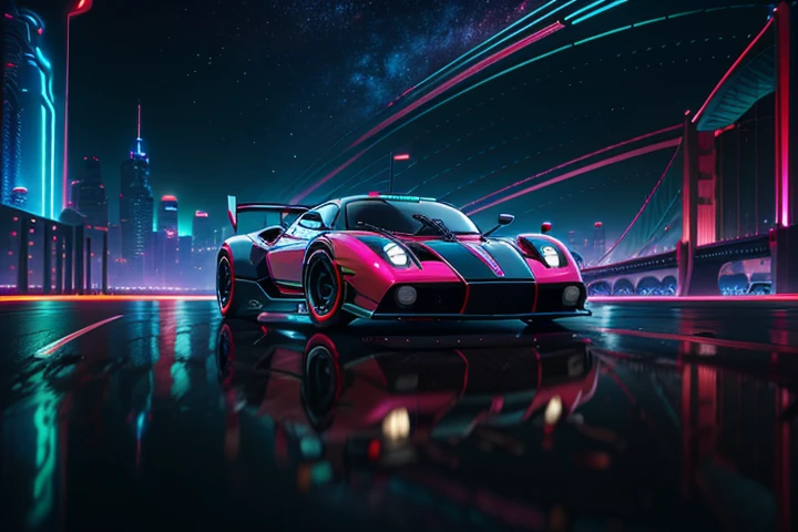 hot wheels toy with a futuristic theme background that looks natural and not edited, centered in the image, 2 Hot Wheels Pagani Zonda, retrowave. bridge road, Red neon lights, (masterpiece,detailed,highres), Pagani Logo, Pagani Teks
