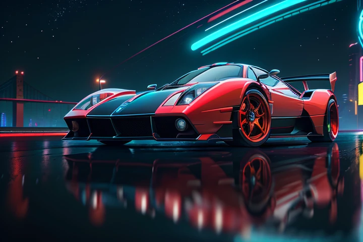 hot wheels toy with a futuristic theme background that looks natural and not edited, centered in the image, 2 Hot Wheels Pagani Zonda, retrowave. bridge road, Red neon lights, (masterpiece,detailed,highres), Pagani Logo, Pagani Teks
