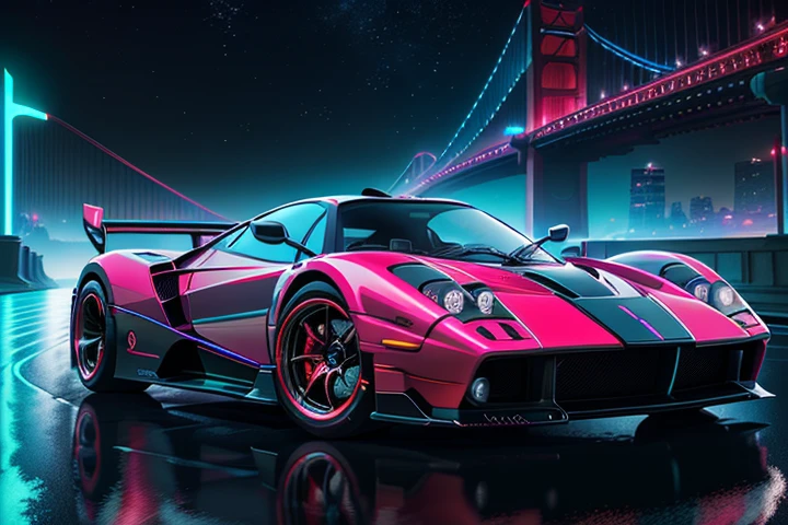 hot wheels toy with a futuristic theme background that looks natural and not edited, centered in the image, 2 Hot Wheels Pagani Zonda, retrowave. bridge road, Red neon lights, (masterpiece,detailed,highres), Pagani Logo, Pagani Teks