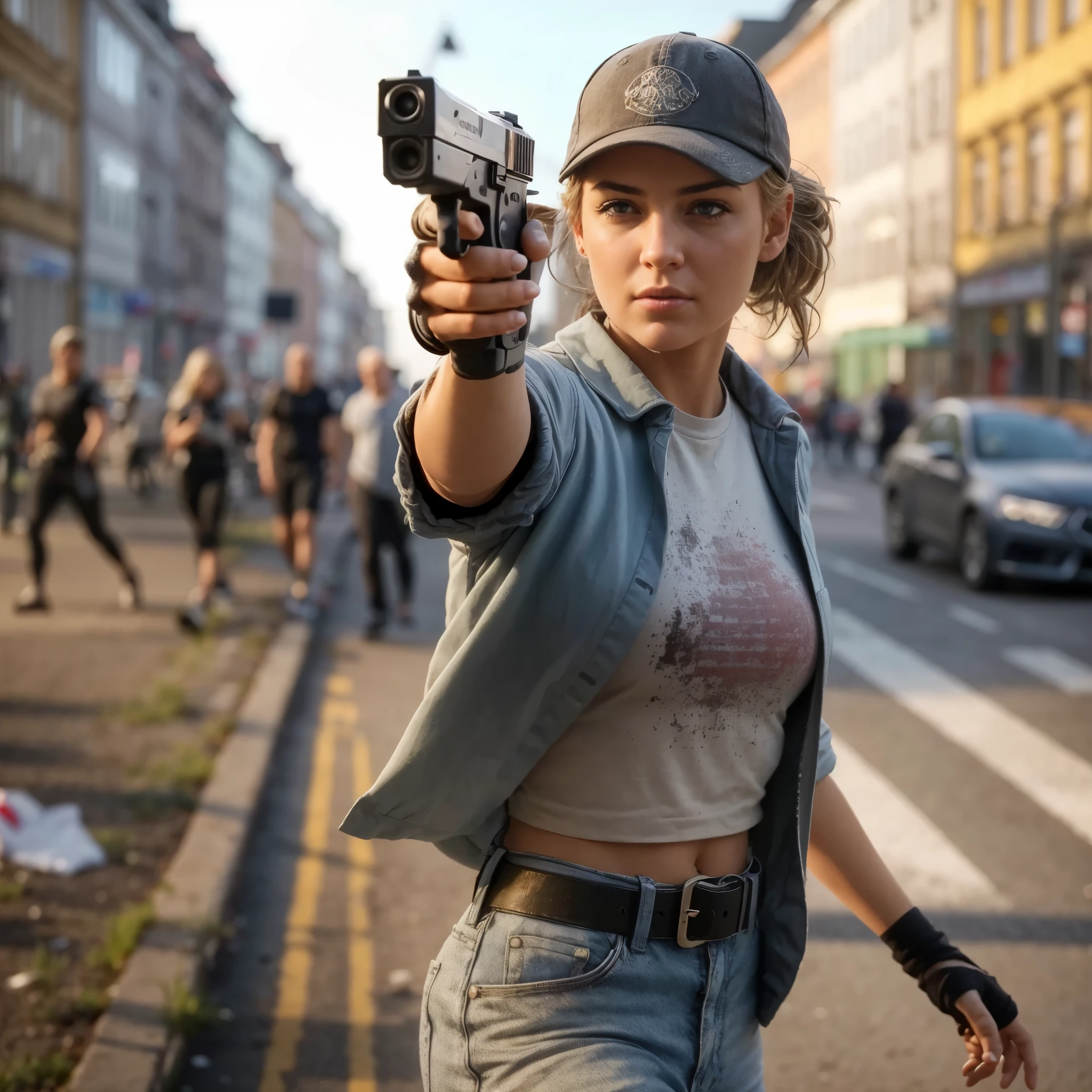 Masterpiece, a Danish 24 years old girl in a Copenhagen city street moving cautiously, beautiful face, taking cover, wearing a very short crop top, navel, shoulders, , baseball cap, holding a Wesson M442 compact revolver in her right hand, aiming with the gun, sunny weather, chaotic city scene, street is in chaos , there is a woman holding a gun in a street, 2020 video game screenshot, female lead character, cinematic highly detailed, highly detailed cinematic, ps5 cinematic screen capture, detailed cinematic render, created in unreal engine 5, cinematic detailed, kate bishop, cinematic full character, 8 k uhd poser, riot in a cyberpunk city, realistic cinematic shot, 16K, ultra high res.photorealistic, UHD, RAW, natural light