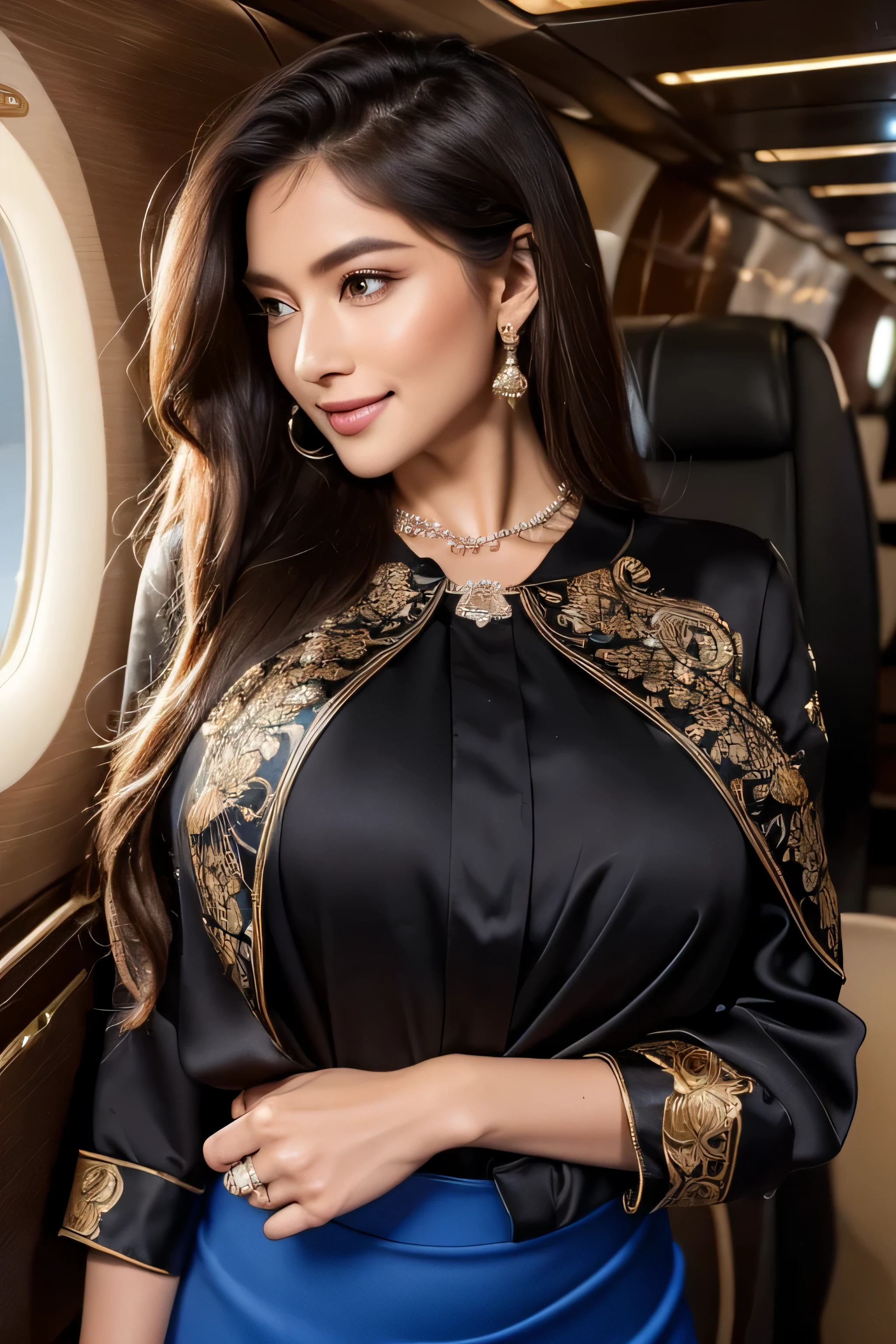 Arafe woman wearing sari and necklace, complex set, Bejeweled, Wearing complicated clothes, Exquisite Jewelry, with Intricate details, Elaborate costumes, Wearing elegant jewelry, Intricate details. from the front, Black Jewelry, Jewelry made with attention to detail, high Intricate details, Hand Jewelry Model Photos, Close-up portrait, Complex beauty, Exquisite Jewelry, side view Intricate details, masterpiece, 最high quality, high quality, High resolution, Beautiful Face、(Realistic Face)、Realistic eyes、beautiful detailed eyes、Realistic Skin、Beautiful Skin、Ultra-realistic、Very detailed、Beautiful lighting、Sharp focus、Various poses、超Detailed face、fine aiole hair、brown hair、Long Hair、Beautiful hairstyle、Detailed face、Exposed breasts、Cleavage、(Big Breasts)、((Face close-up))、Incredibly stupid, It seems ridiculous.,((Office Lady,Black Office Blazer,luxurious silk blouse,Office Skirt:1.3)), (inside private jet, indoor, hyper detailed background:1.6)),((standing gracefully:1.6))、((A shy smile:1.3)),