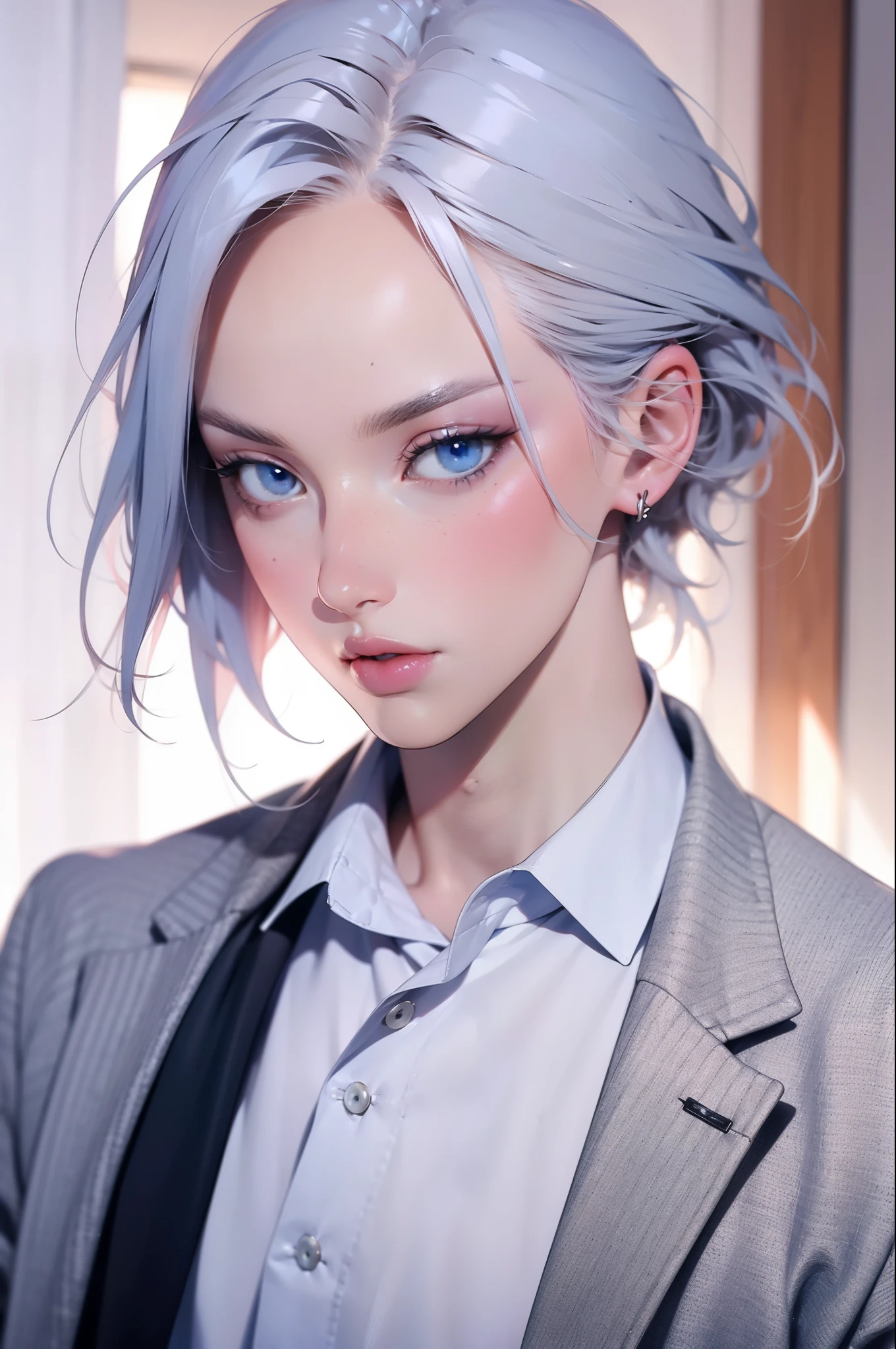 Boy, silver hair, blue eyes, serious sharp features, white skin, sweater, formal jacket