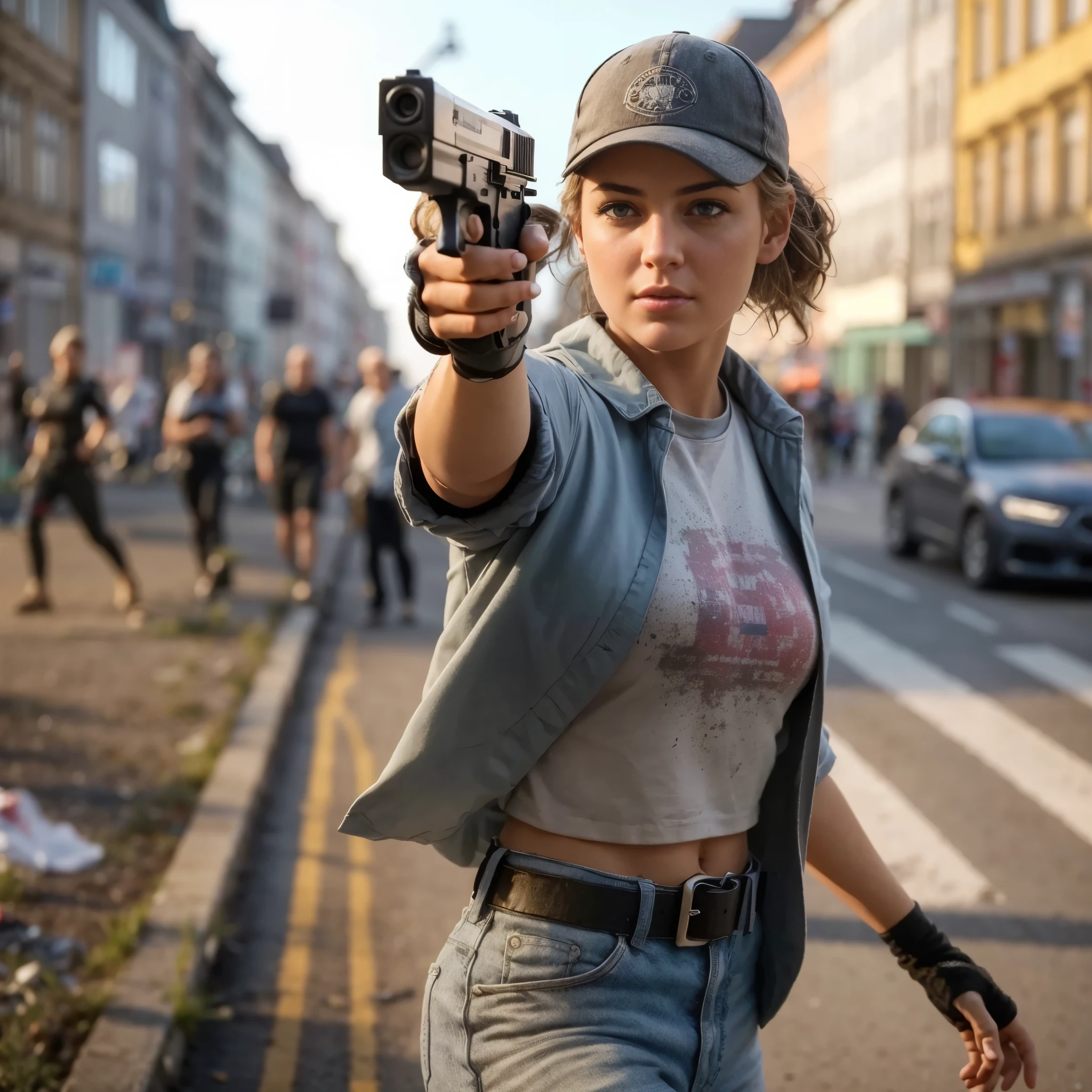 Masterpiece, a Danish 24 years old girl in a Copenhagen city street moving cautiously, beautiful face, taking cover, wearing a very short crop top, navel, shoulders, , baseball cap, holding a Wesson M442 compact revolver in her right hand, aiming with the gun, sunny weather, chaotic city scene, street is in chaos , there is a woman holding a gun in a street, 2020 video game screenshot, female lead character, cinematic highly detailed, highly detailed cinematic, ps5 cinematic screen capture, detailed cinematic render, created in unreal engine 5, cinematic detailed, kate bishop, cinematic full character, 8 k uhd poser, riot in a cyberpunk city, realistic cinematic shot, 16K, ultra high res.photorealistic, UHD, RAW, natural light