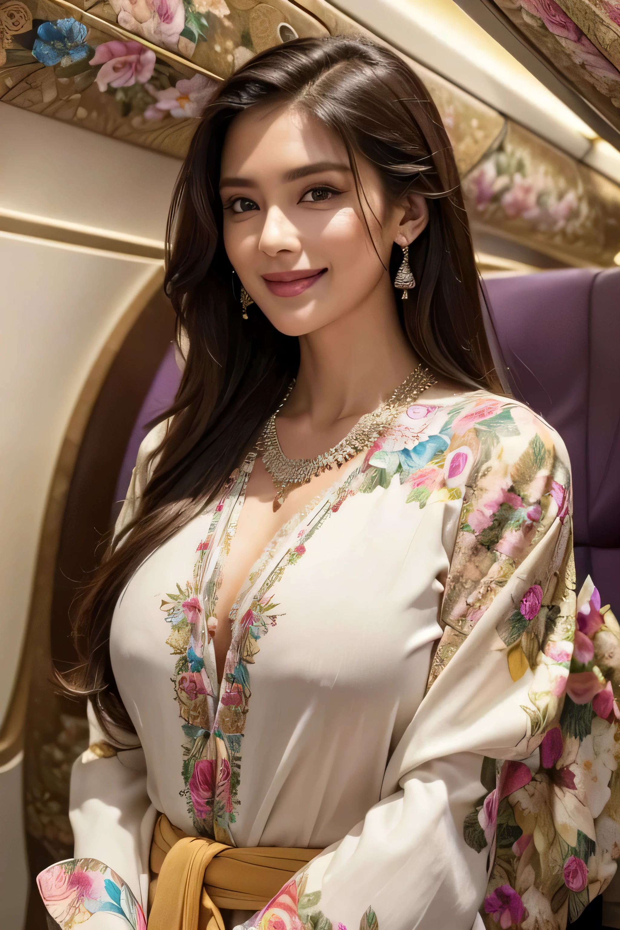 Arafe woman wearing sari and necklace, complex set, Bejeweled, Wearing complicated clothes, Exquisite Jewelry, with Intricate details, Elaborate costumes, Wearing elegant jewelry, Intricate details. from the front, Black Jewelry, Jewelry made with attention to detail, high Intricate details, Hand Jewelry Model Photos, Close-up portrait, Complex beauty, Exquisite Jewelry, side view Intricate details, masterpiece, 最high quality, high quality, High resolution, Beautiful Face、(Realistic Face)、Realistic eyes、beautiful detailed eyes、Realistic Skin、Beautiful Skin、Ultra-realistic、Very detailed、Beautiful lighting、Sharp focus、Various poses、超Detailed face、fine aiole hair、brown hair、Long Hair、Beautiful hairstyle、Detailed face、Exposed breasts、Cleavage、(Big Breasts)、((Face close-up))、Incredibly stupid, It seems ridiculous.,((((wearing Floral blouse :1.3))、 (inside private jet, indoor, hyper detailed background:1.6)),((standing gracefully:1.6))、((A shy smile:1.3)),