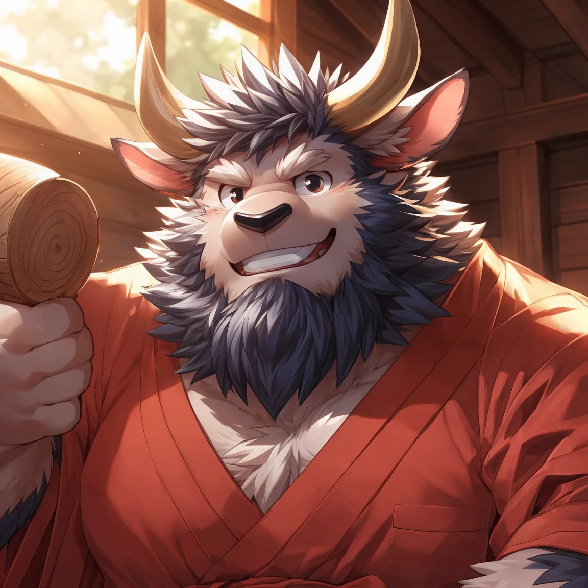 human nature, cannon, male, solitary, ((Round Face, Very plump face, thick beard)), ((endomorph body type, Handsome)), (Red Kimono), ((domestic ox, ox) Fluffy fur, Fluffy), (In a wooden house), antiquity，high quality，Bokeh, (high quality, high resolution, masterpiece), (Dynamic Lighting, Vibrant colors), (Generous smile), (Face focus), Front view (close up), cartoon, author：Takemoto Arashi, by zixiong, author：Chunni, author：Empty Ghost