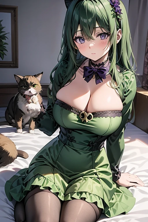 A green haired girl with purple eyes and an hourglass figure in a green Lolita dress is holding a cat in a bedroom