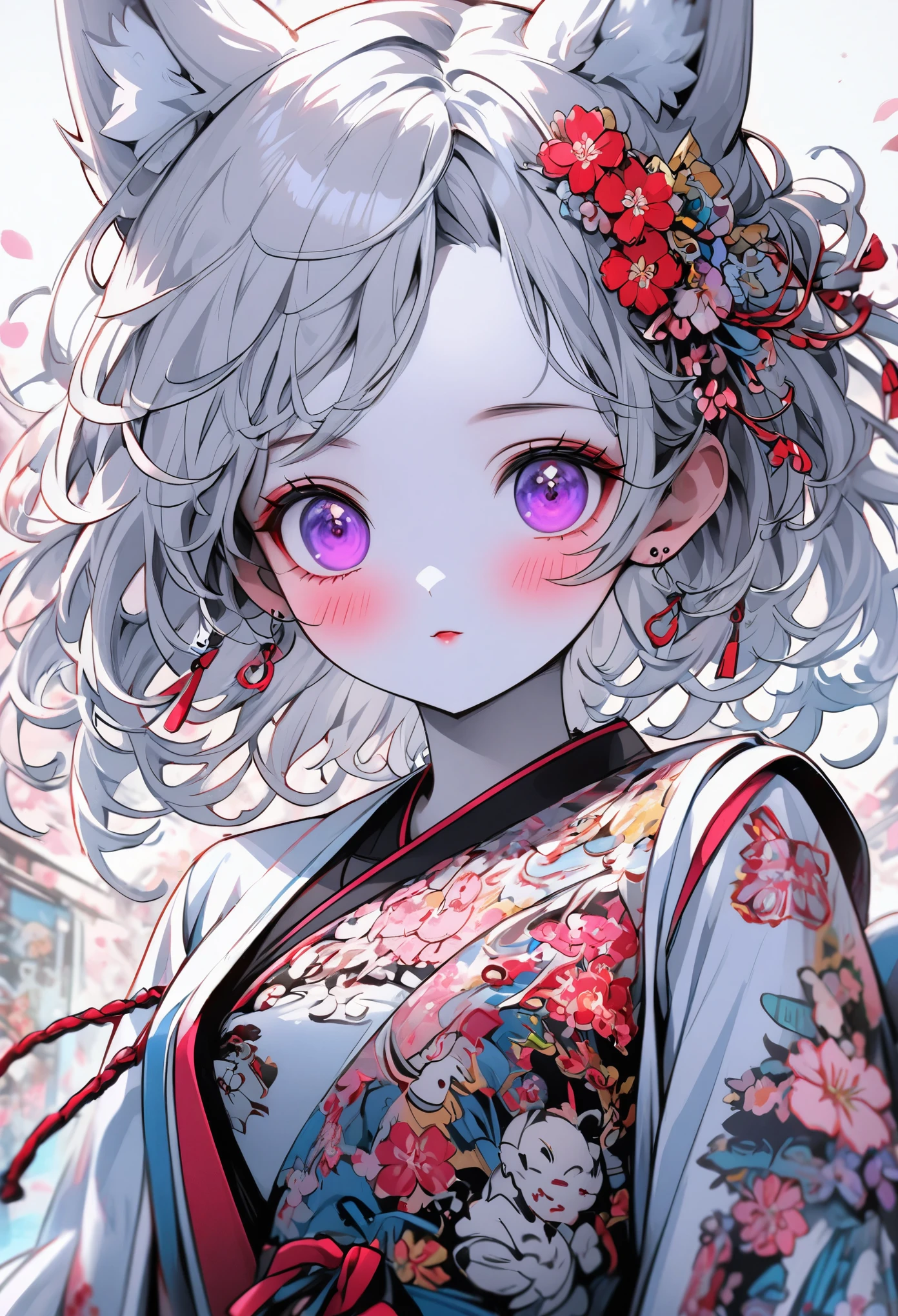 Create digital artworks in the pop art style、ディテールが施されたFox Earsの女の子が特徴です、1 girl、Medium chest、Starry Eyes、blush、Individuality、(1 girl: 1.4)、Gray Hair、Fox Ears、Purple eyes、Perfect Face、Detailed face、Perfect body、Beautiful Eyes、Beautiful Face、(Light Skin: 1.4)、Idol、(whole body)、Priestess in Japan Clothes、Street fashion、Color scheme of the movie、Surrounded by vintage floral motifs、Vivid brushwork、Emotions must be dynamic、Upper Body、drawing、figure、grayscale、tropical、a lot of cherry blossom、