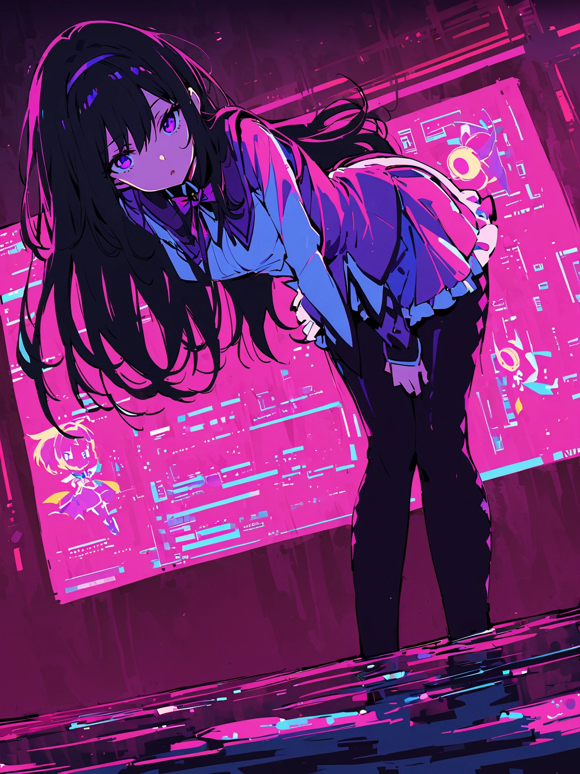 (highest quality:1.2),One girl,alone,homu，Magical Girl Clothes，boots，Purple eyes,Long Hair,Black Hair,bangs，Hair between the eyes,pixelated background,Neon Light,SF color scheme,Vibrant colors,Metallic texture,detailed shading,Holographic interface,Dark atmosphere,High Contrast,Sharp focus,twig of hair,Reflective surface,Exquisite detail,High resolution,Studio Lighting,Illuminated surroundings,Thick thighs,Beautiful Eyes, Beautiful background, beautiful and detailed body,Fine grain,classroom,Table Sex,Groin friction,Masturbation,A puddle of pussy juice,From below,Moaning,Open your mouth,arm_support,(Leaning forward:1.5),