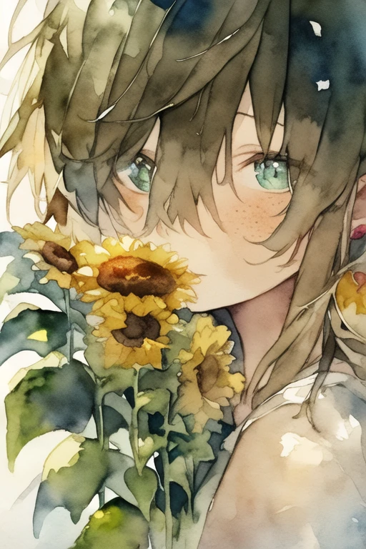 (watercolor:1.2),One girl, alone, flower, sunflower,freckles, Portraiture, leaf, bangs, sign, yellow flower, brown hair, Long Hair, Green Eyes, Hair between the eyes, flower earrings