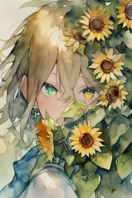 (watercolor:1.2),One girl, alone, flower, sunflower,freckles, Portraiture, leaf, bangs, sign, yellow flower, brown hair, Long Hair, Green Eyes, Hair between the eyes, flower earrings