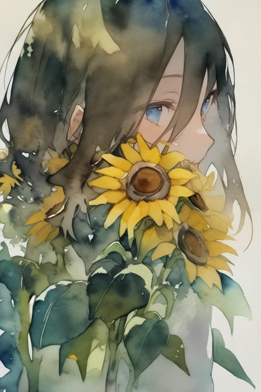 (watercolor:1.2),One girl, alone, flower, sunflower,freckles, Portraiture, leaf, bangs, sign, yellow flower, brown hair, Long Hair, Green Eyes, Hair between the eyes, flower earrings