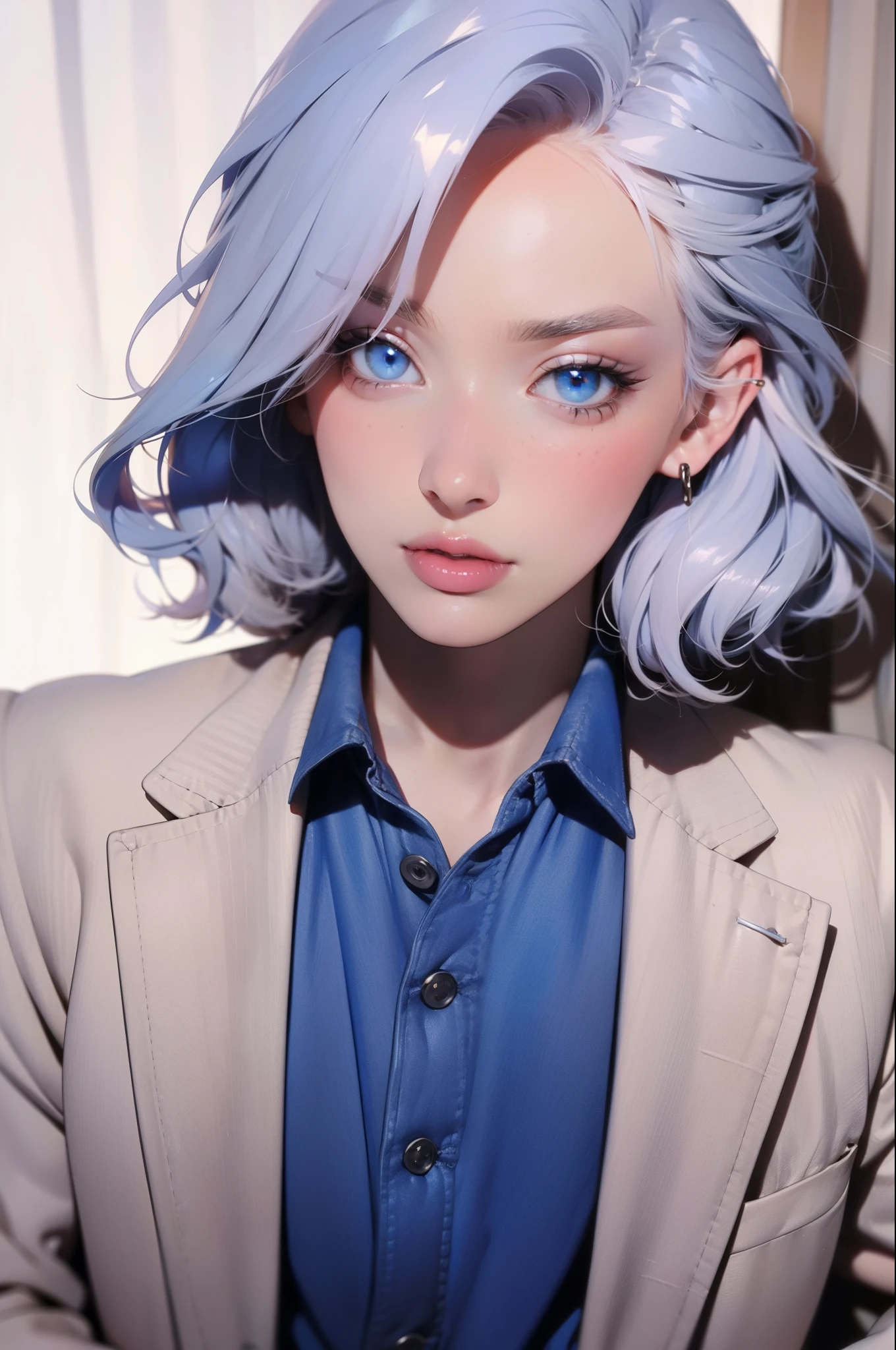 Boy, silver hair, blue eyes, serious sharp features, white skin, sweater, formal jacket