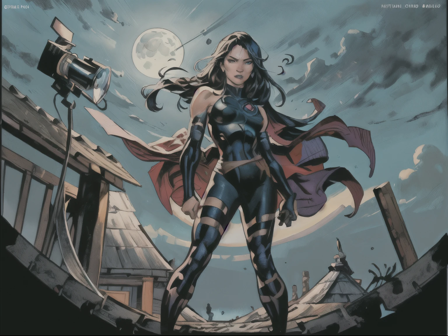 Create a masterful masterpiece book cover of psylocke standing on moonlight roof looking at the ultra-detailed horizon inspired by Drew Struzan,soft lighting, masterpiece, best quality, 8k uhd, dslr, film grain, photorealistic painting Fujifilm XT3