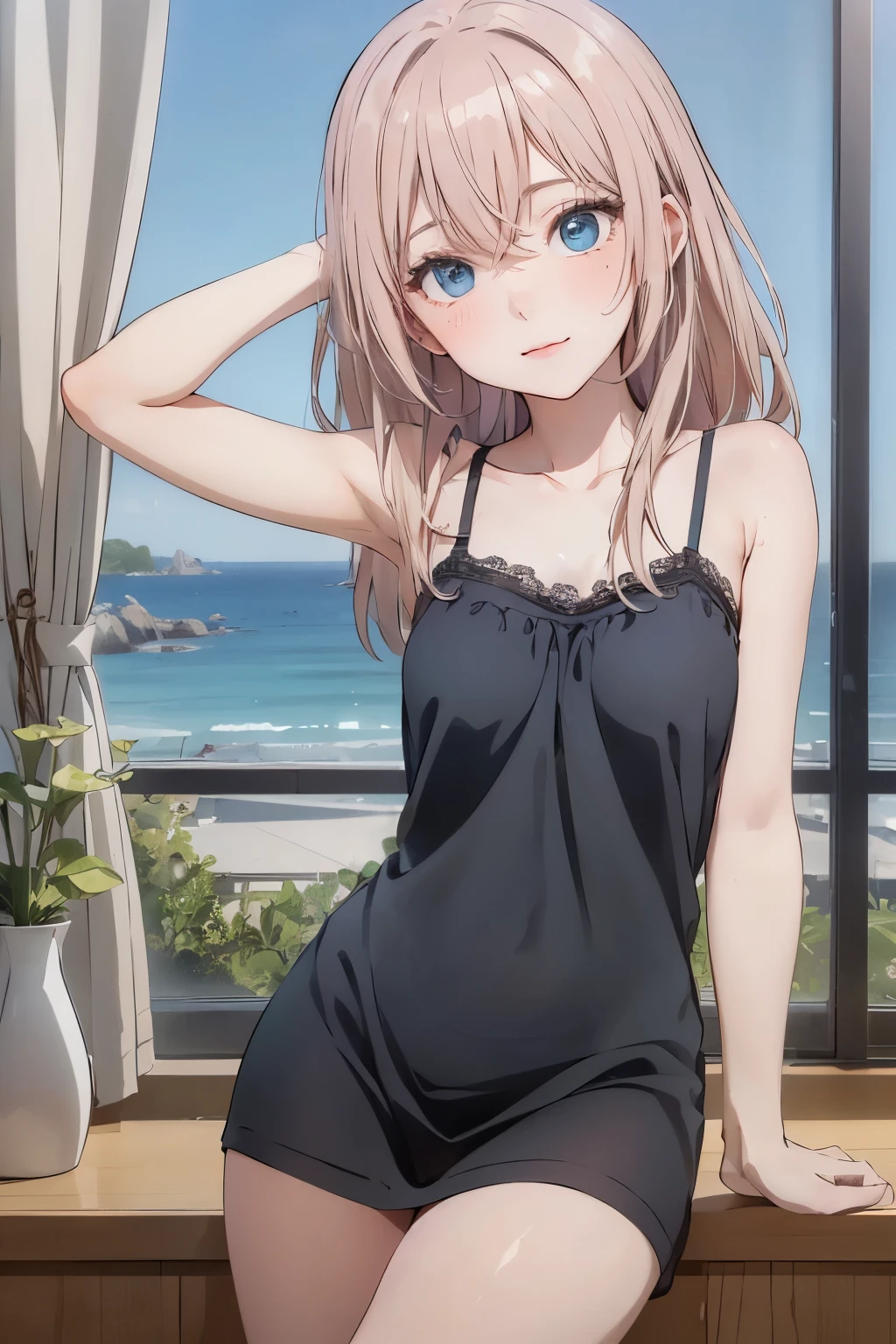(masterpiece),(top-quality:1.2),1girl in,(masuter piece:1.3),exquisitedetails, Highest quality 8K resolution, Ultra-detailed, Realistic, Vibrant colors, Soft tones, With warm and gentle lighting, A woman standing in a room wearing a skirt and sweater, designed for cozy aesthetics, wide skirt, Styling, With short hair, simple style, Beige, 2 0, Dynamic!!, Cute:2, F / 2 0, Roots and hay coat, lookbook, Vivid), 9, jimin, ( Side ) profile (Smooth straight blonde hair:1.2),(Hair parted in the middle:1.3),(Glowing hair),(Dark blue eyes:1.3),(Hands close to the face:1.4),White skin, hair clips,Small necklace,A gentle feeling overflows,The sun's rays illuminate joy and pure love, Warm golden glow,The atmosphere is full of happiness and laughter, As if celebrating love,Ultra-detailed depiction and vivid colors,A style that combines romanticism and realism,depth of love,color palettes,Create an ethereal atmosphere like a dream,Lighting is soft and diffused,masterpiece artwork