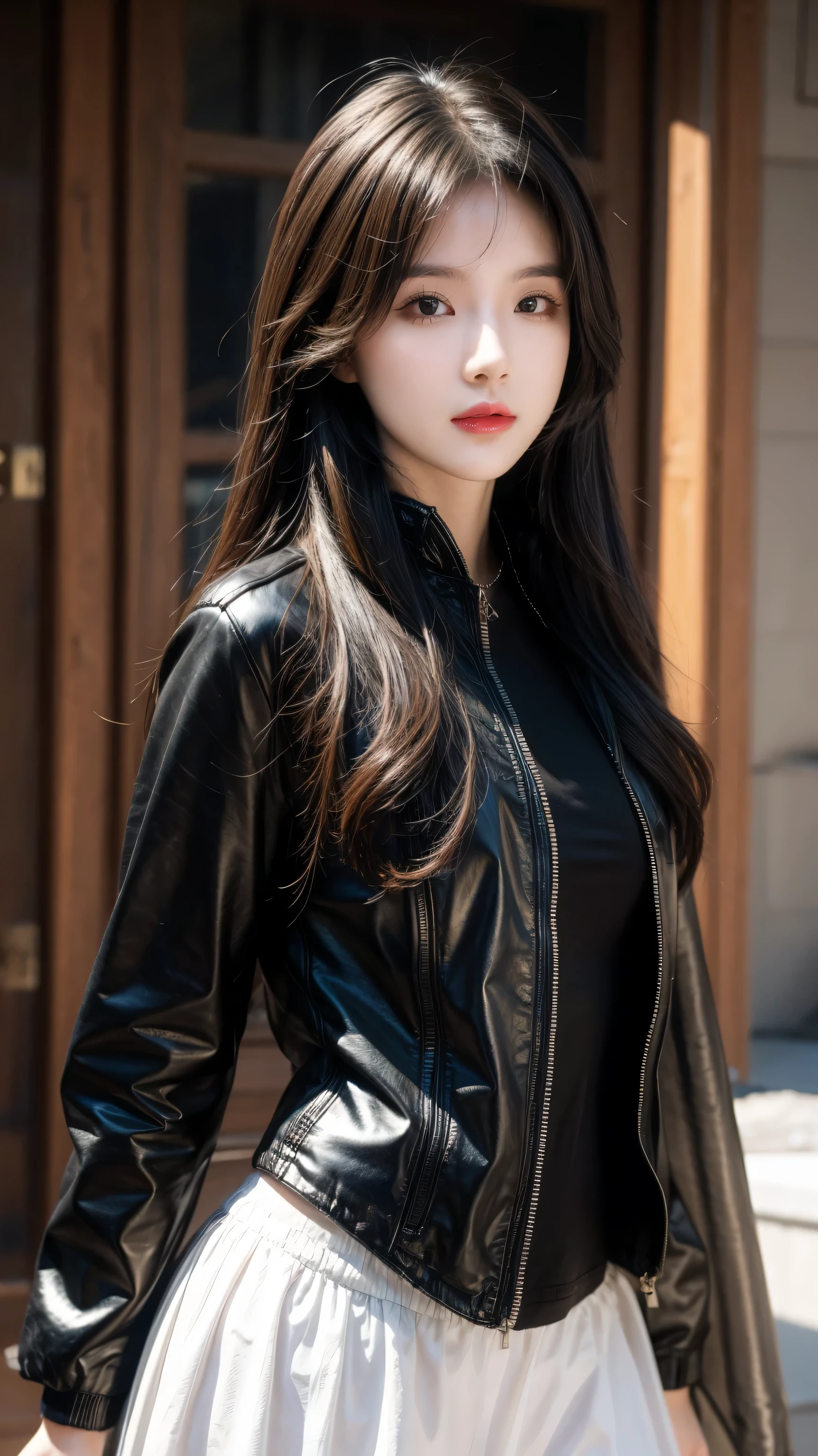 1 Girl,masterpiece, (8k, best quality, masterpiece:1.2),Very detailed,Super detailed,Master&#39;s course,best quality,illustration,hair_between_Eye,Perfect lighting, Cowboy shooting, CV16,Black jacket
